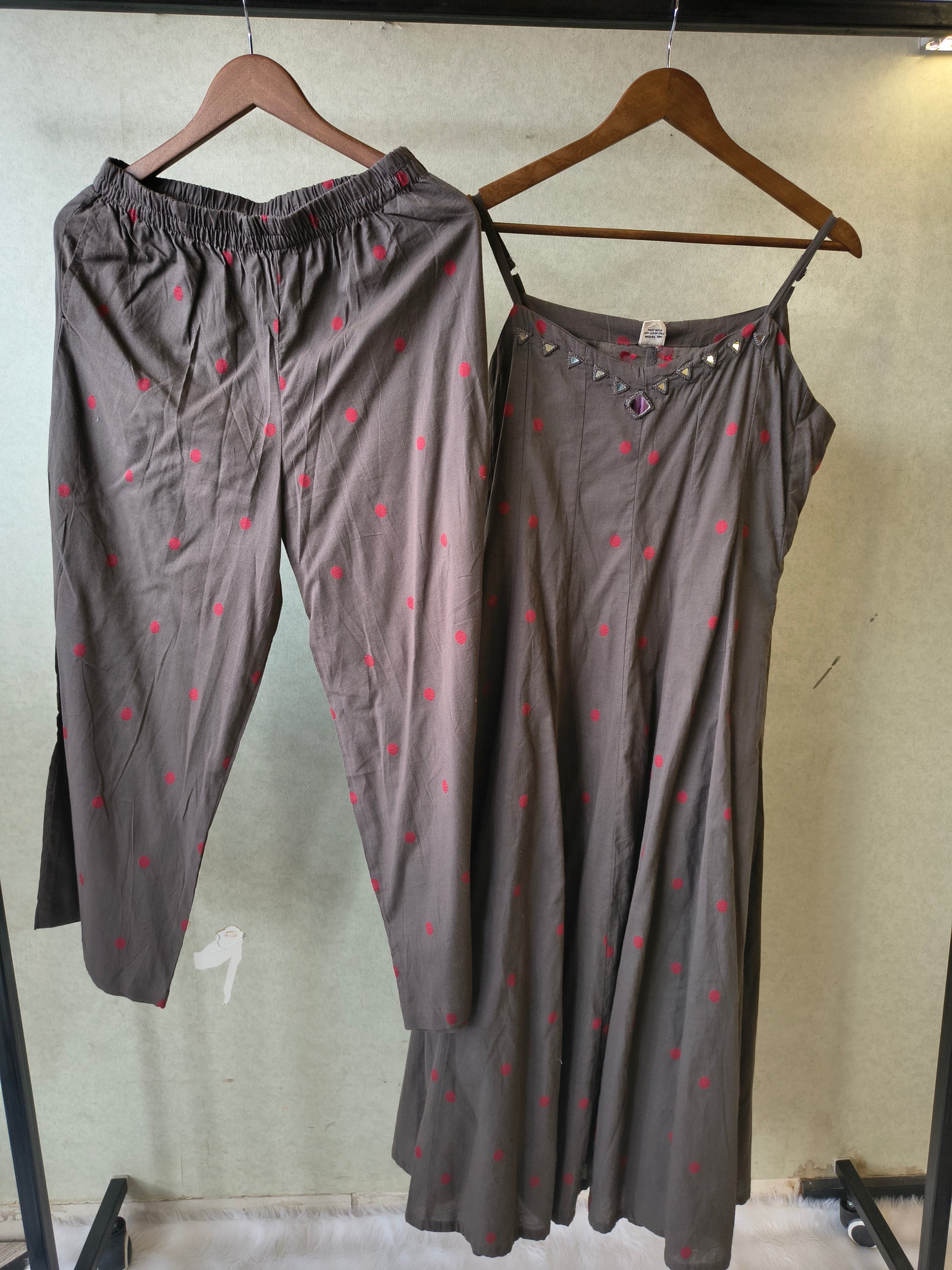 Premium Charcoal Grey Polka Dot Cotton Sleeveless A-Line Kurta & Pant Co-Ord Set