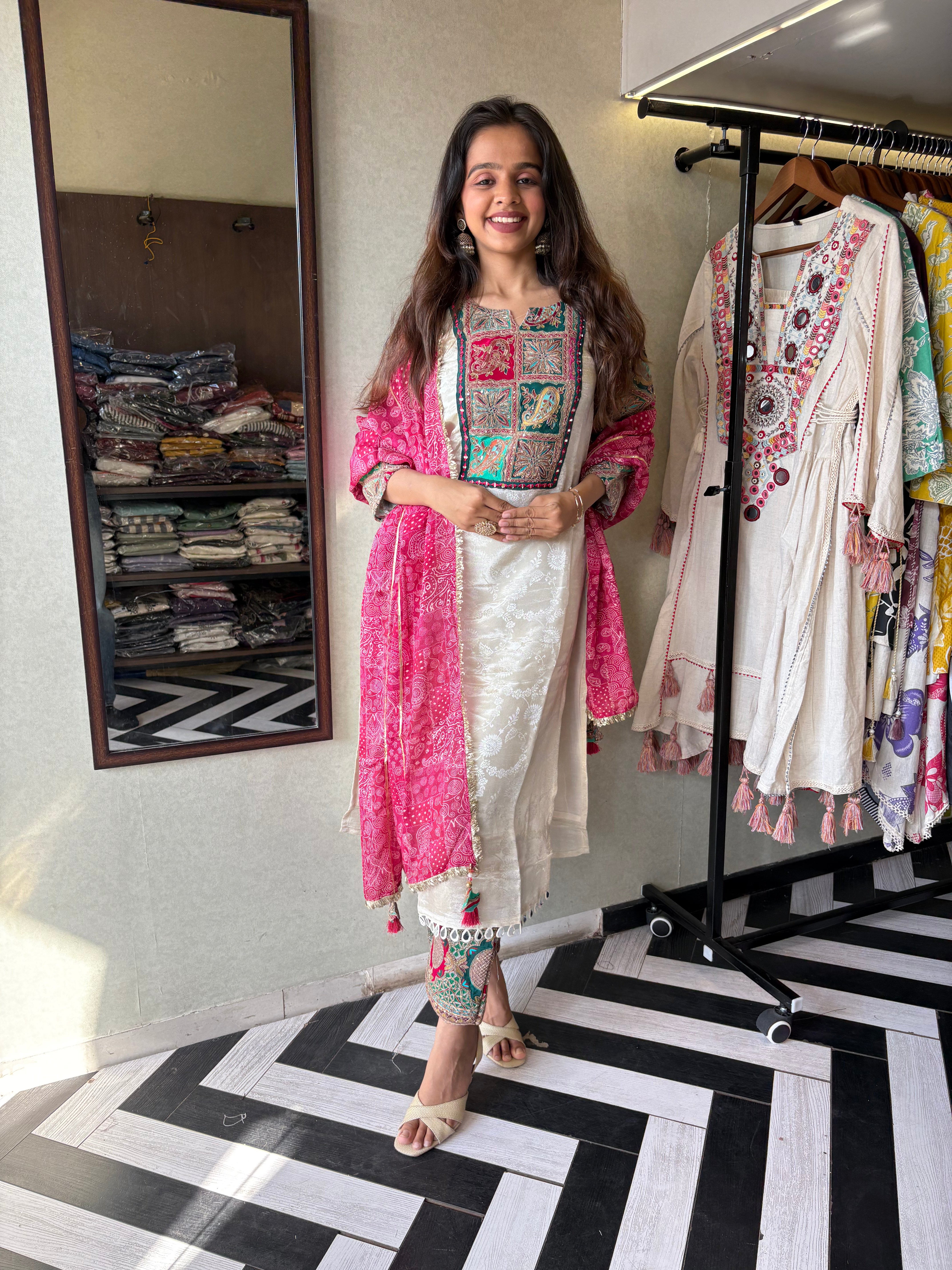 This pure cotton co-ord set in a designer white print is your summer savior - soft on the skin, bold on fashion