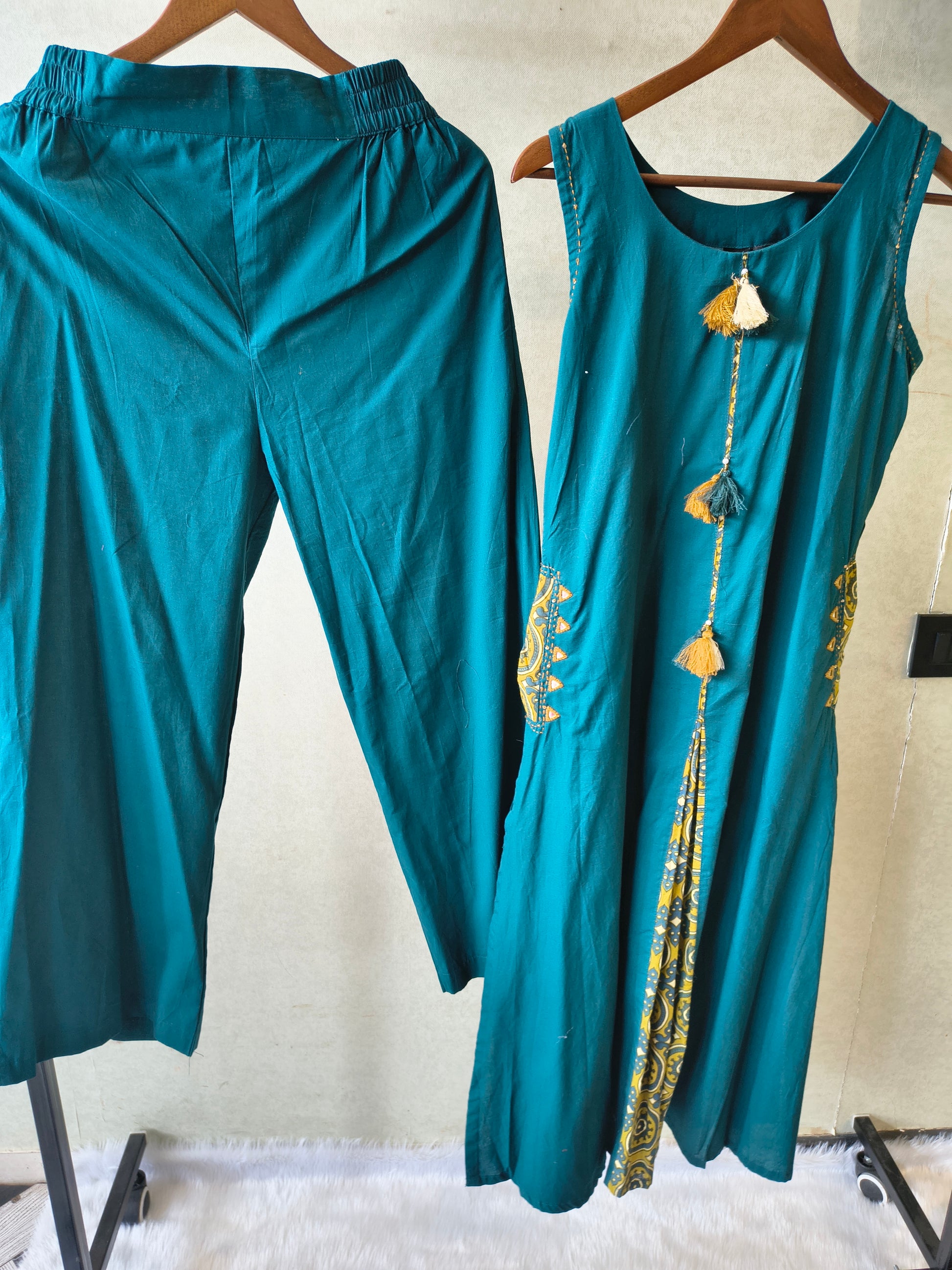 Teal Sleeveless A-Line Kurta Set with Printed Panel & Straight Pants