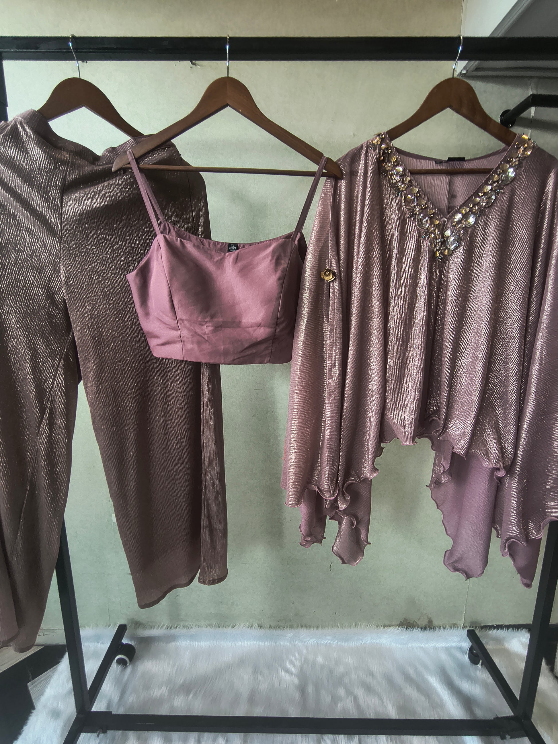 Premium Rose Gold Shimmer Kaftan Co-Ord Set with Hand Embellished Cape & Straight Pants