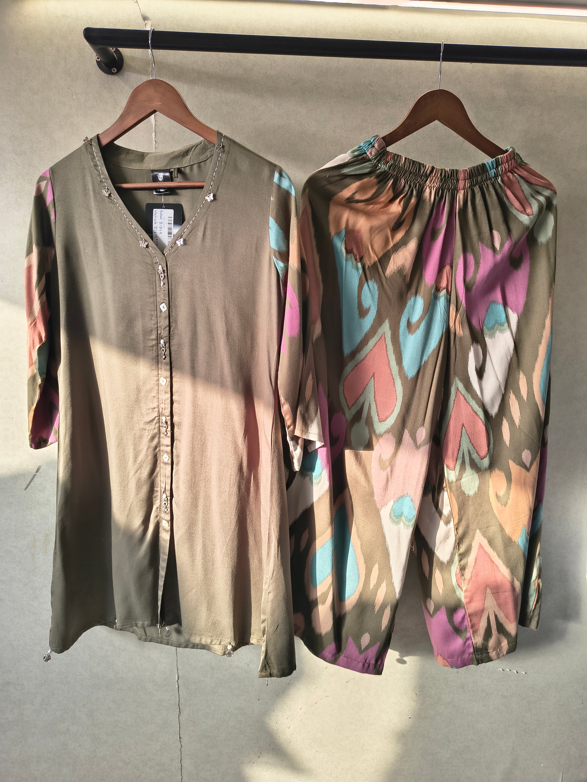 Olive Green Designer Co-Ord Set with Abstract Printed Pants & Embellished Neckline