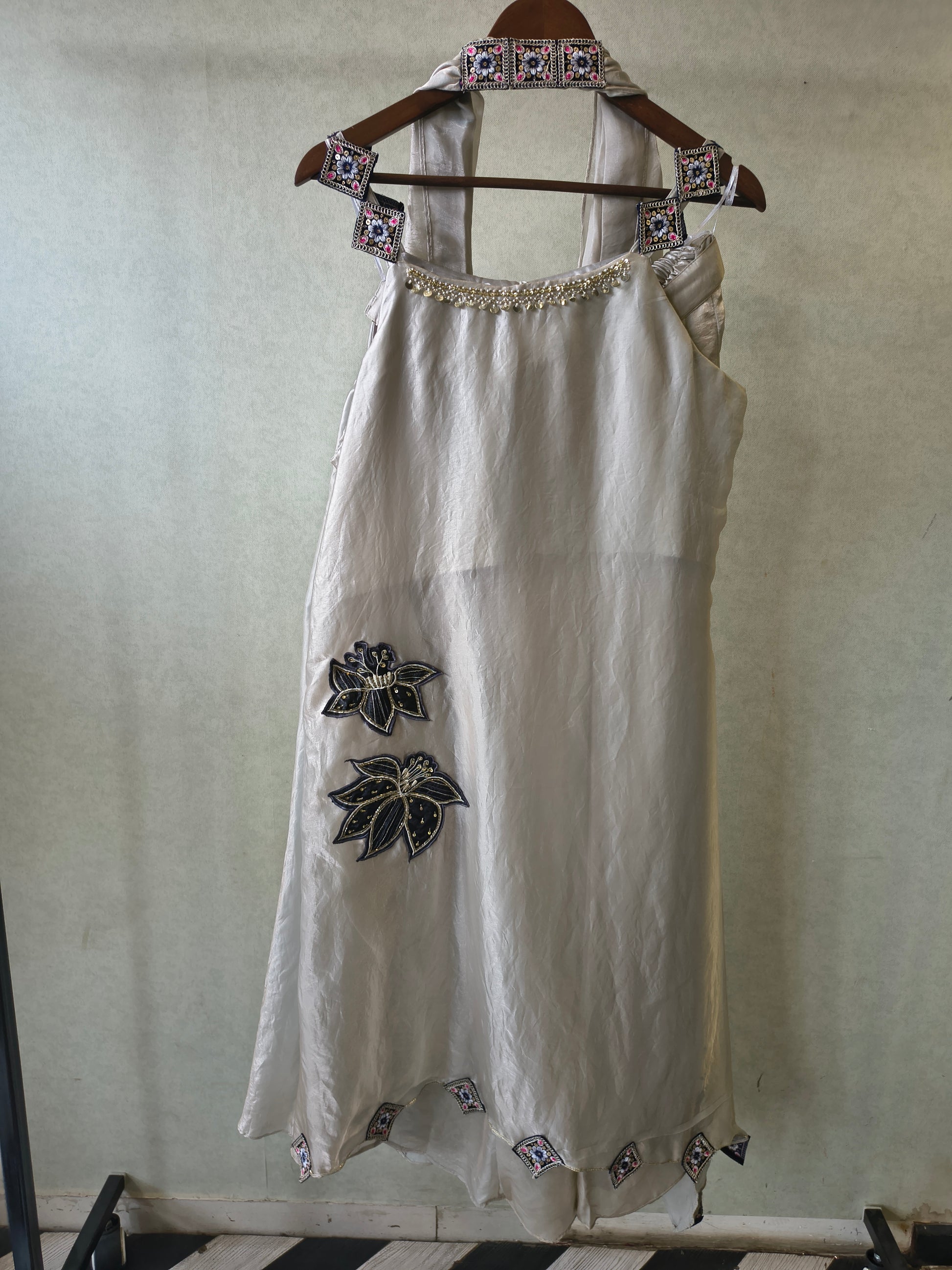 Ivory Designer A-Line Dress with Handcrafted Floral Appliqué & Embellished Scarf