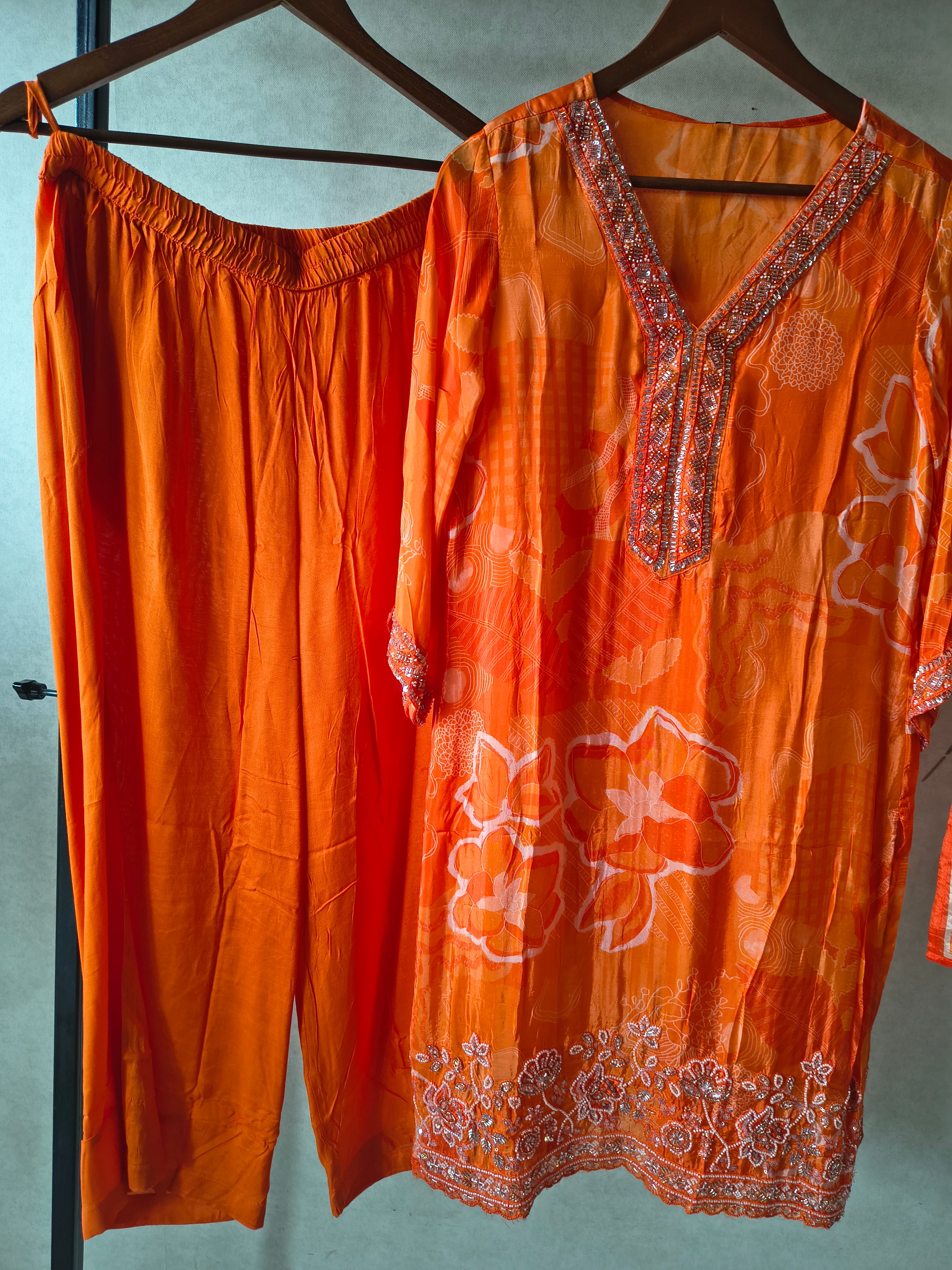 Image of Burnt Orange Printed Silk Blend Kurta Set with Embellished Neckline & Floral Border – Premium 3 Piece Ethnic Ensemble