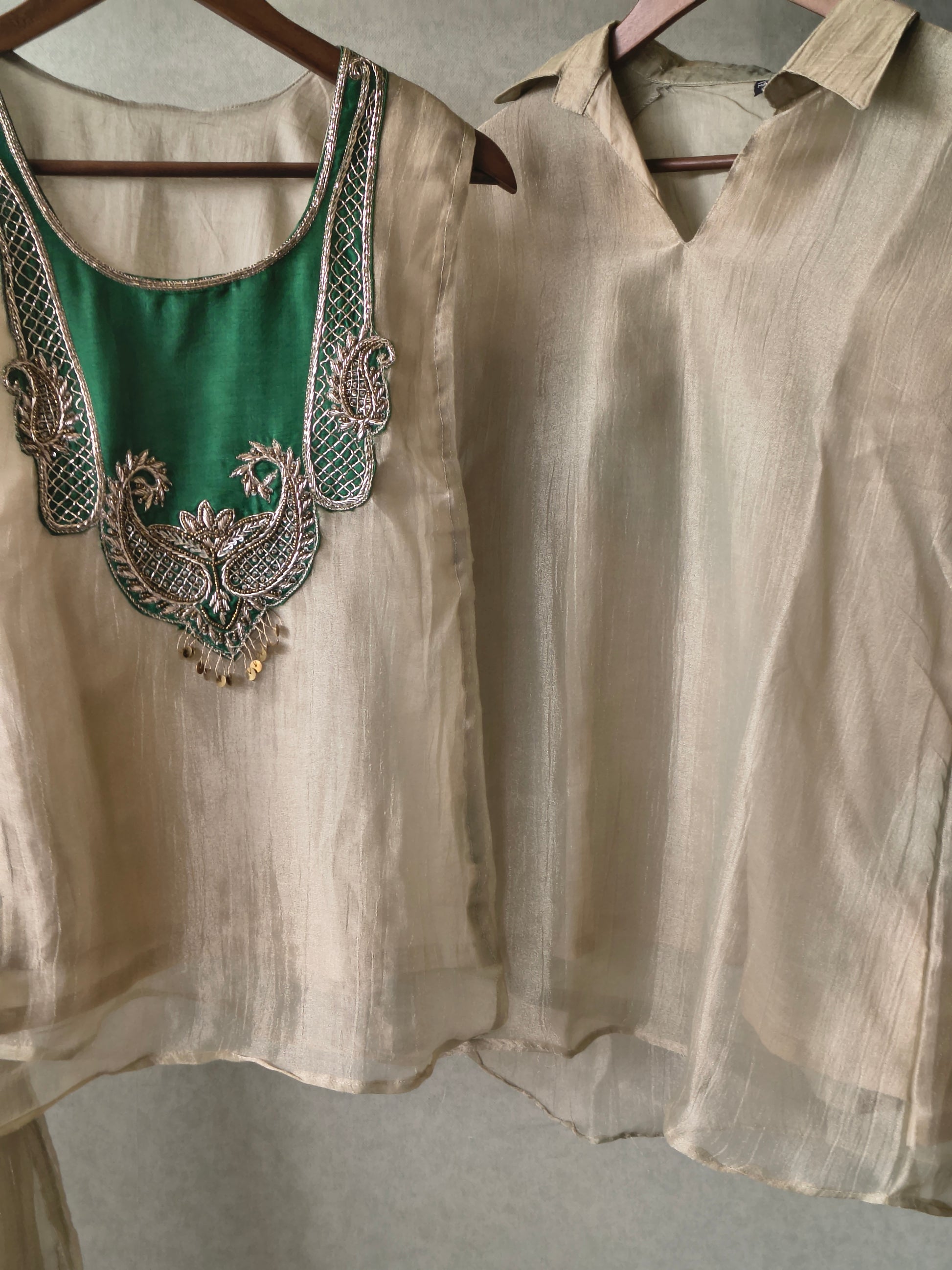 Premium Champagne Gold Tissue Silk 3-Piece Co-Ord Set with Emerald Hand Embellished Jacket, Inner & Palazzo