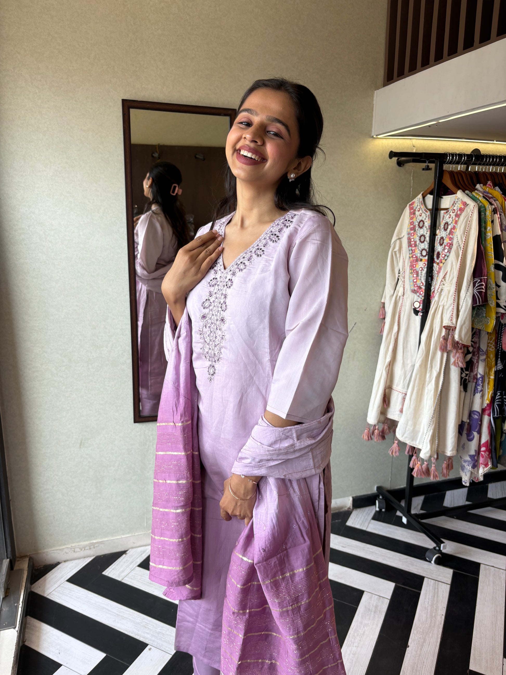 Elegance in Every Thread - Premium Silk Kurti Set Just for You!
Crafted from pure silk, this 3-piece kurti set comes with gorgeous center hand embroidery - perfect for special occasions or elegant daily wear.