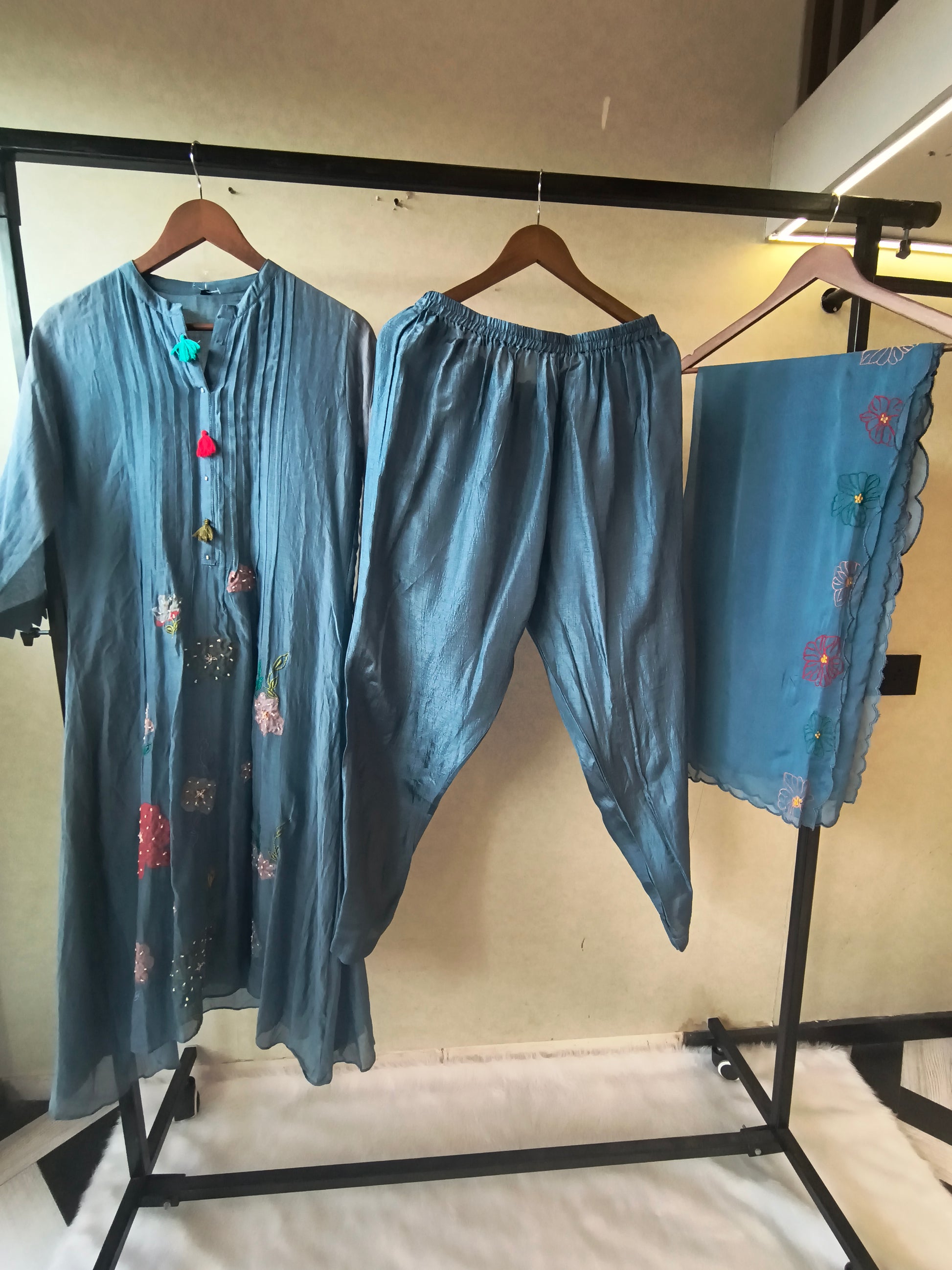 Premium Steel Blue Embroidered Straight Kurta with Dhoti Pants & Embroidered Organza Dupatta Set