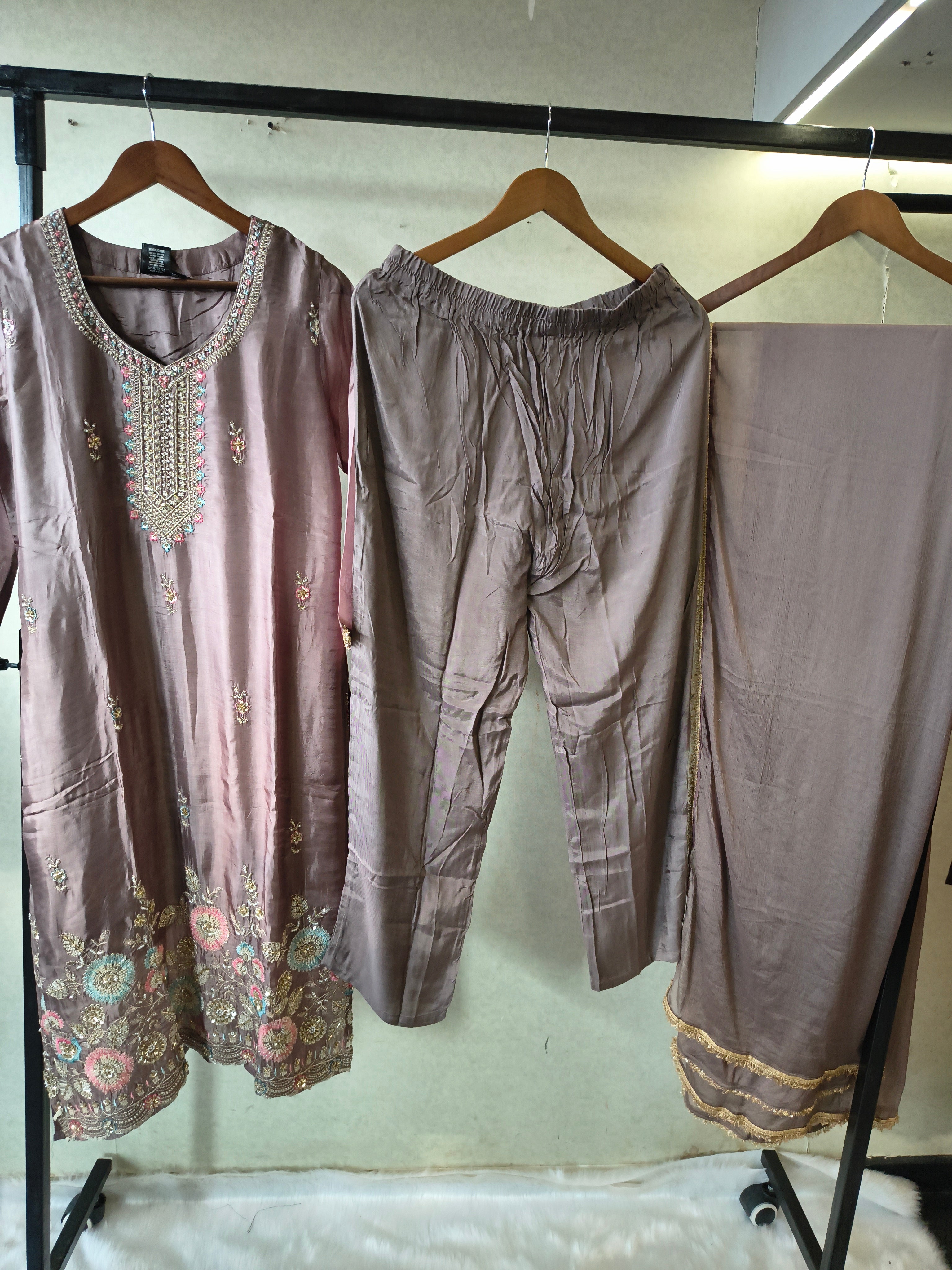 Image of Taupe Grey Embroidered Straight Kurta Set with Pastel Floral Hem, Handcrafted Yoke & Lace Border Dupatta – Premium 3 Piece Ethnic Ensemble
