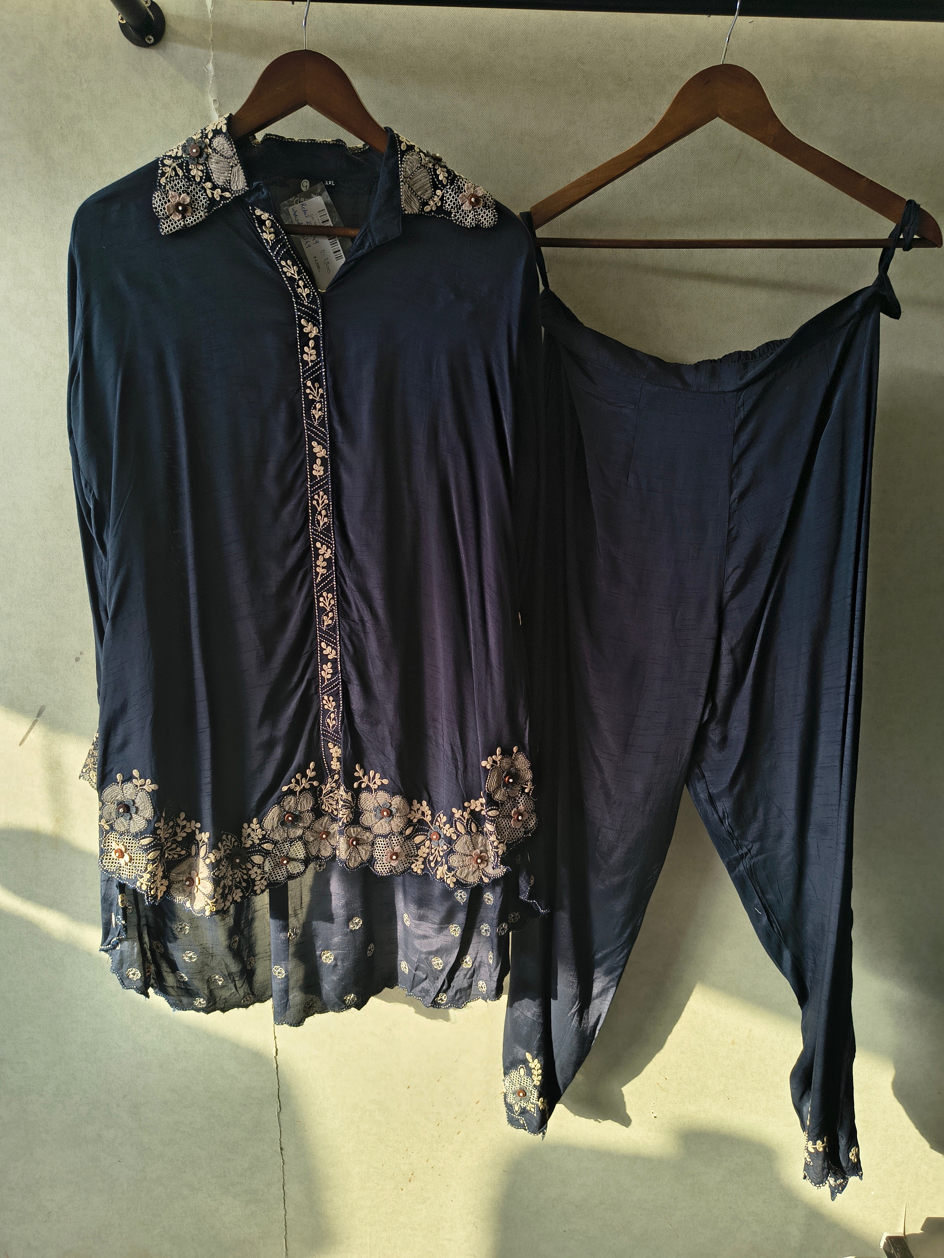 Image of Blue Embroidered Designer Co-Ord Set with Organza Hem
