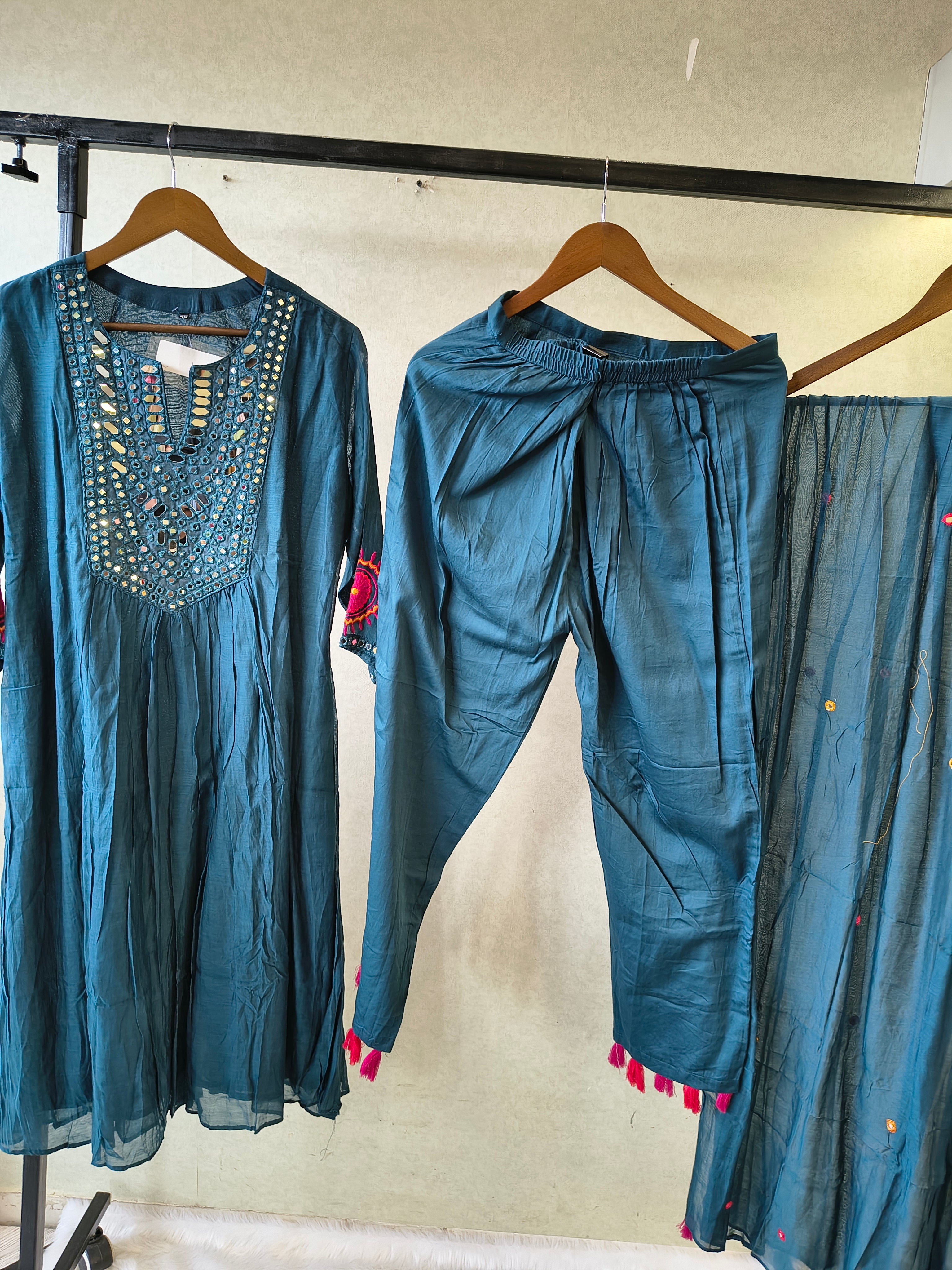 Image of Teal Blue Mirror Work Embroidered Kurta Set with Dupatta | Premium 3 Piece Ethnic Suit