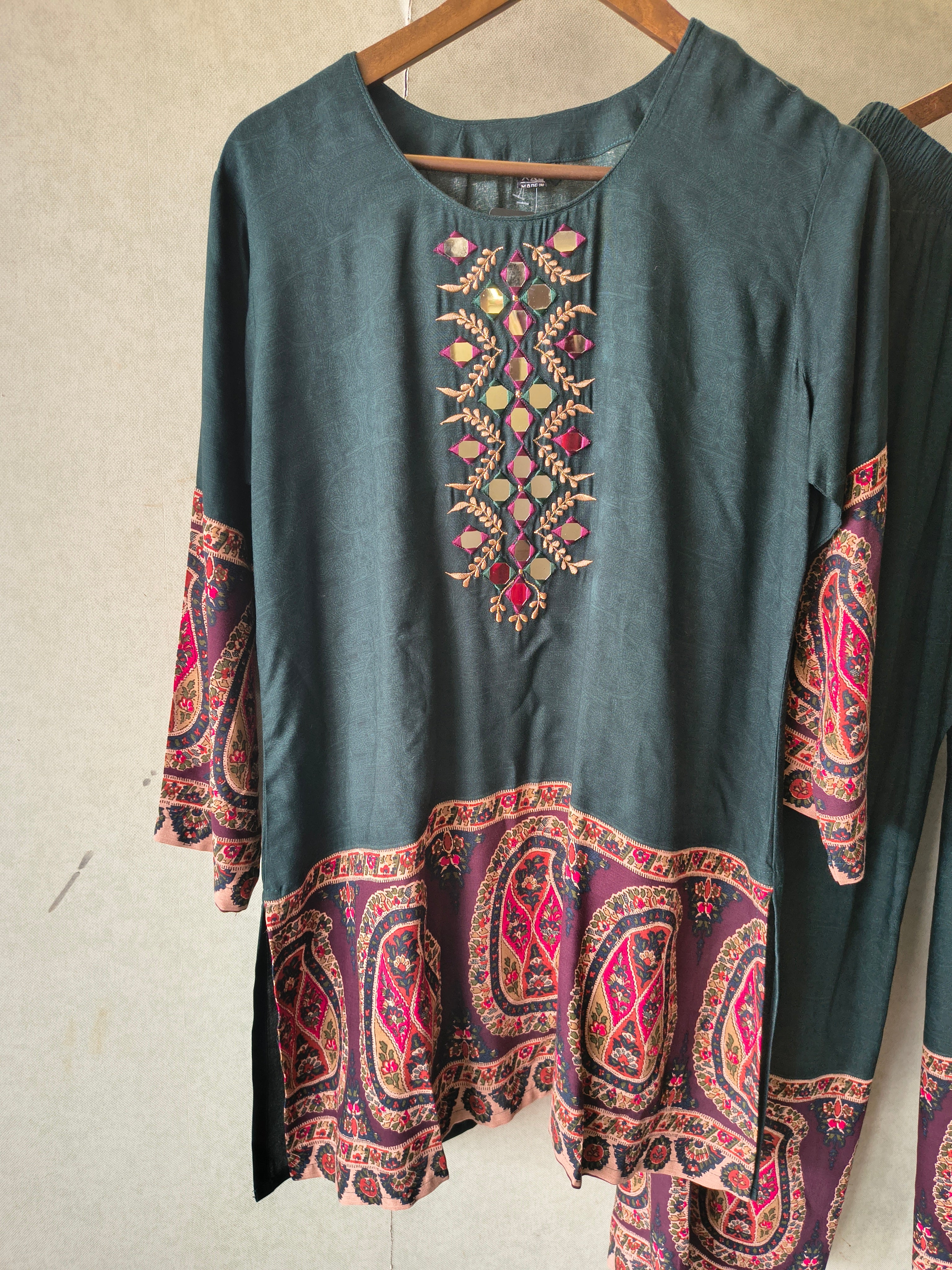 Image of Premium Teal Mirror Work Printed Kurta Pant Co-Ord Set