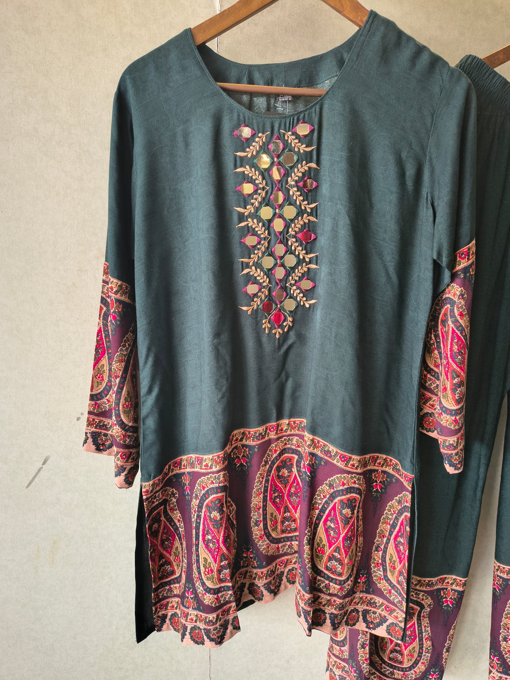Premium Teal Mirror Work Printed Kurta Pant Co-Ord Set