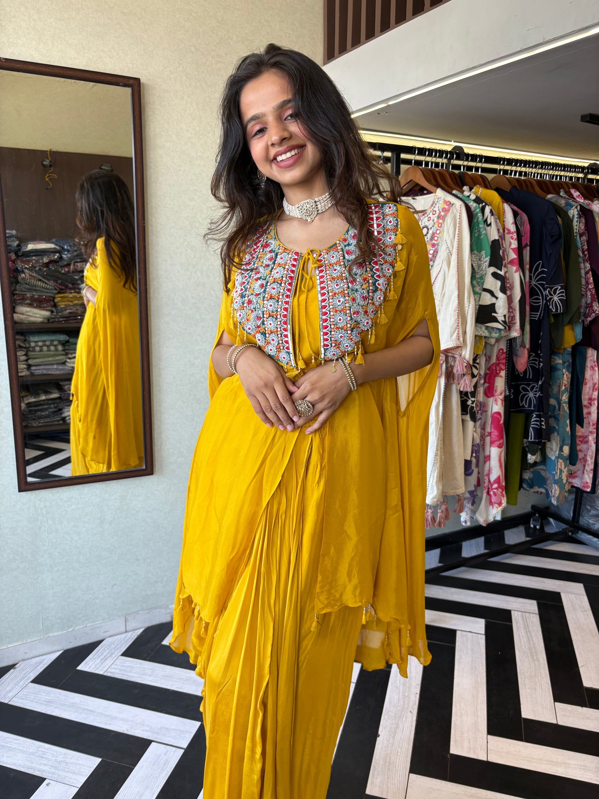 Step into the spotlight with our stunning yellow pure georgette Indo-Western 2-piece. Designed with intricate handwork and full sequin craftsmanship, this piece delivers pure elegance for those who love to shine bright