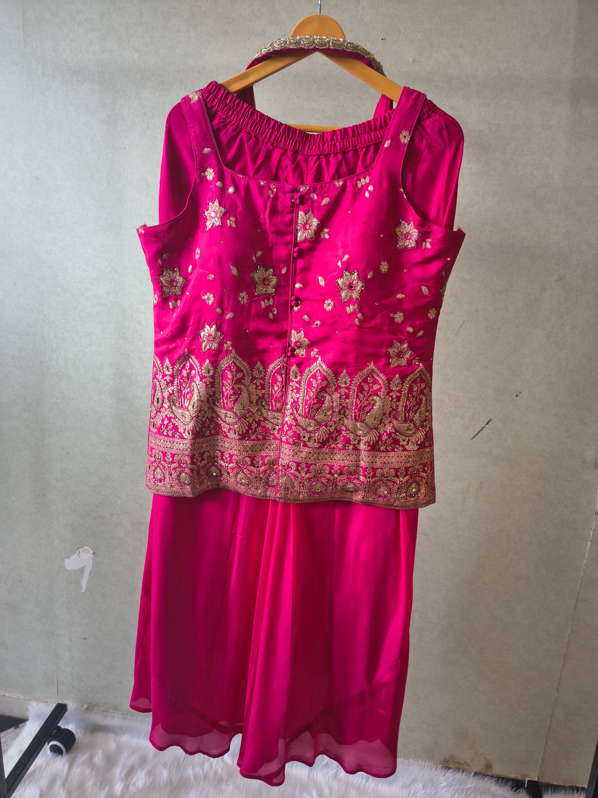 Premium Rani Pink Satin Silk 3-Piece Lehenga Set with Heavy Zari Embroidered Blouse & Dupatta