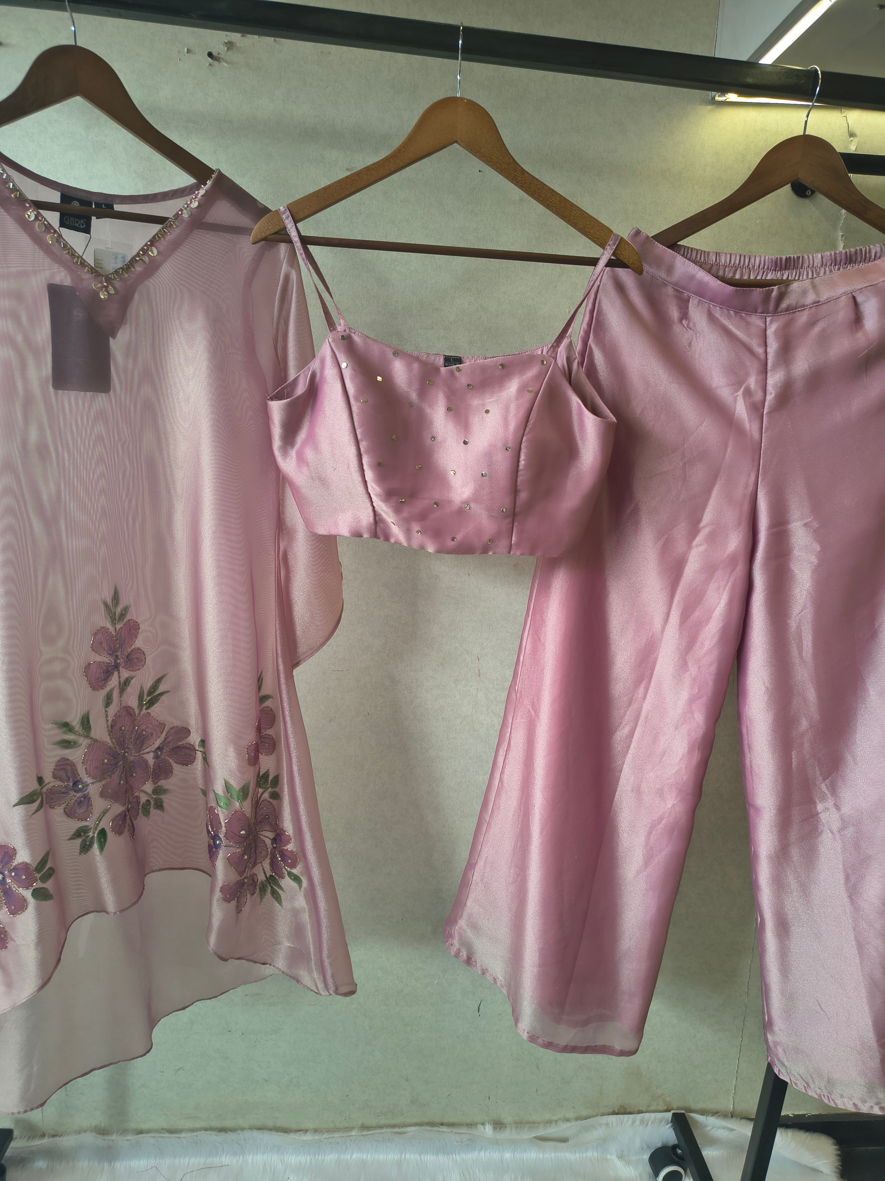 Image of Blush Pink Floral Embroidered Kaftan Co-ord Set with Hand-Painted Cape, Embellished Blouse & Palazzo