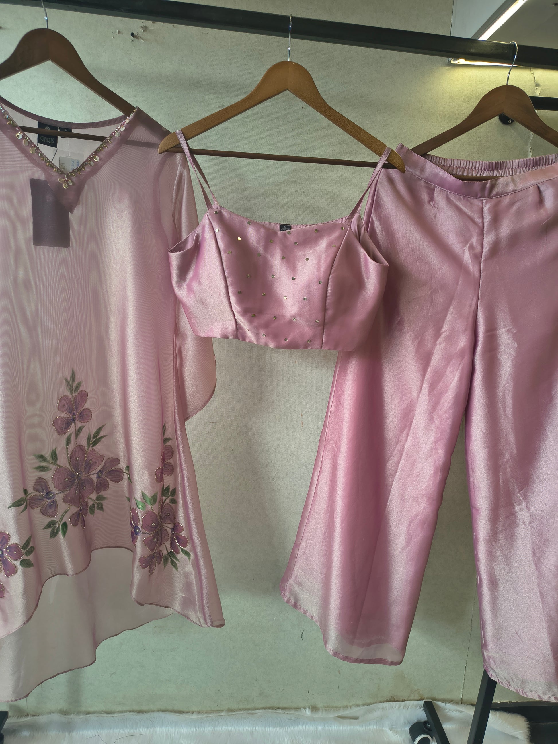 Blush Pink Floral Embroidered Kaftan Co-ord Set with Hand-Painted Cape, Embellished Blouse & Palazzo