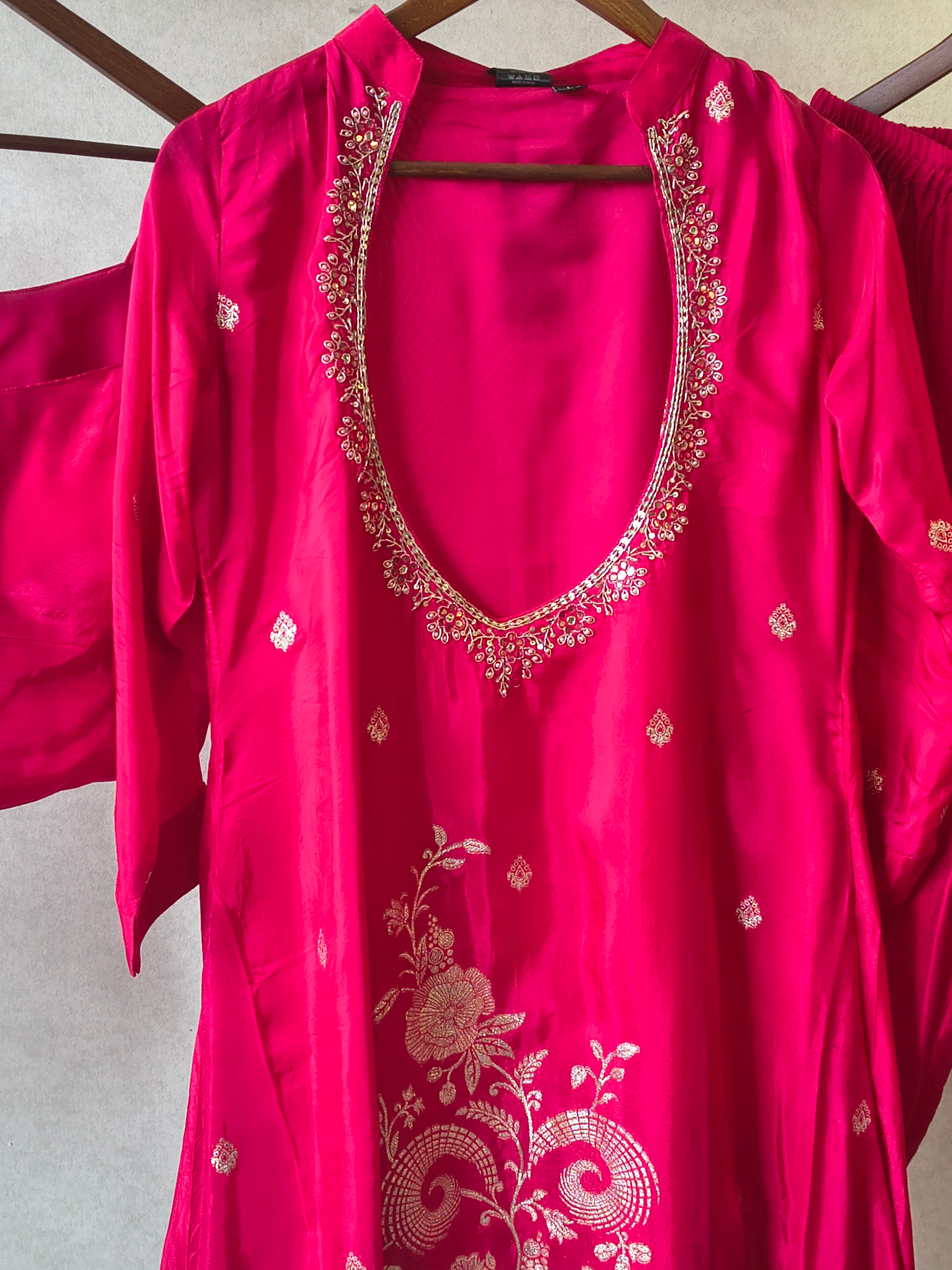 Image of Rani Pink Embroidered Asymmetrical Kurta with Inner, Cigarette Pants & Metallic Striped Dupatta – 4 Piece Designer Festive Set
