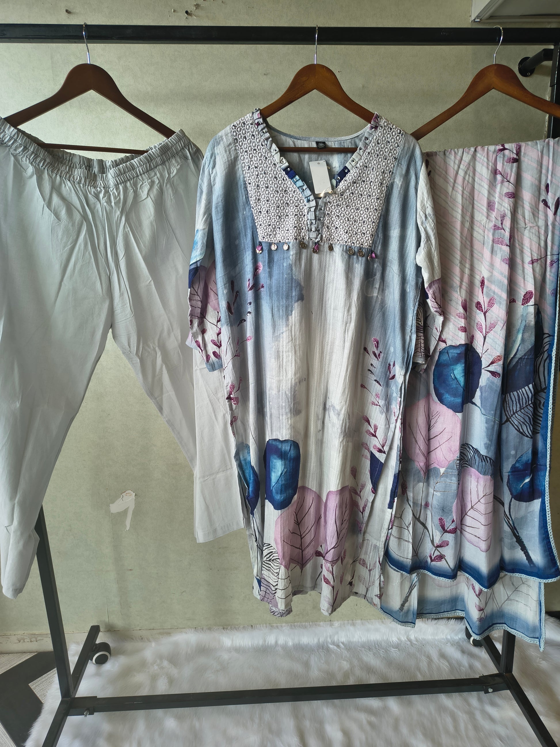 Premium Ice Blue Floral Printed Straight Kurta Set with Crochet Yoke, Straight Pants & Designer Dupatta
