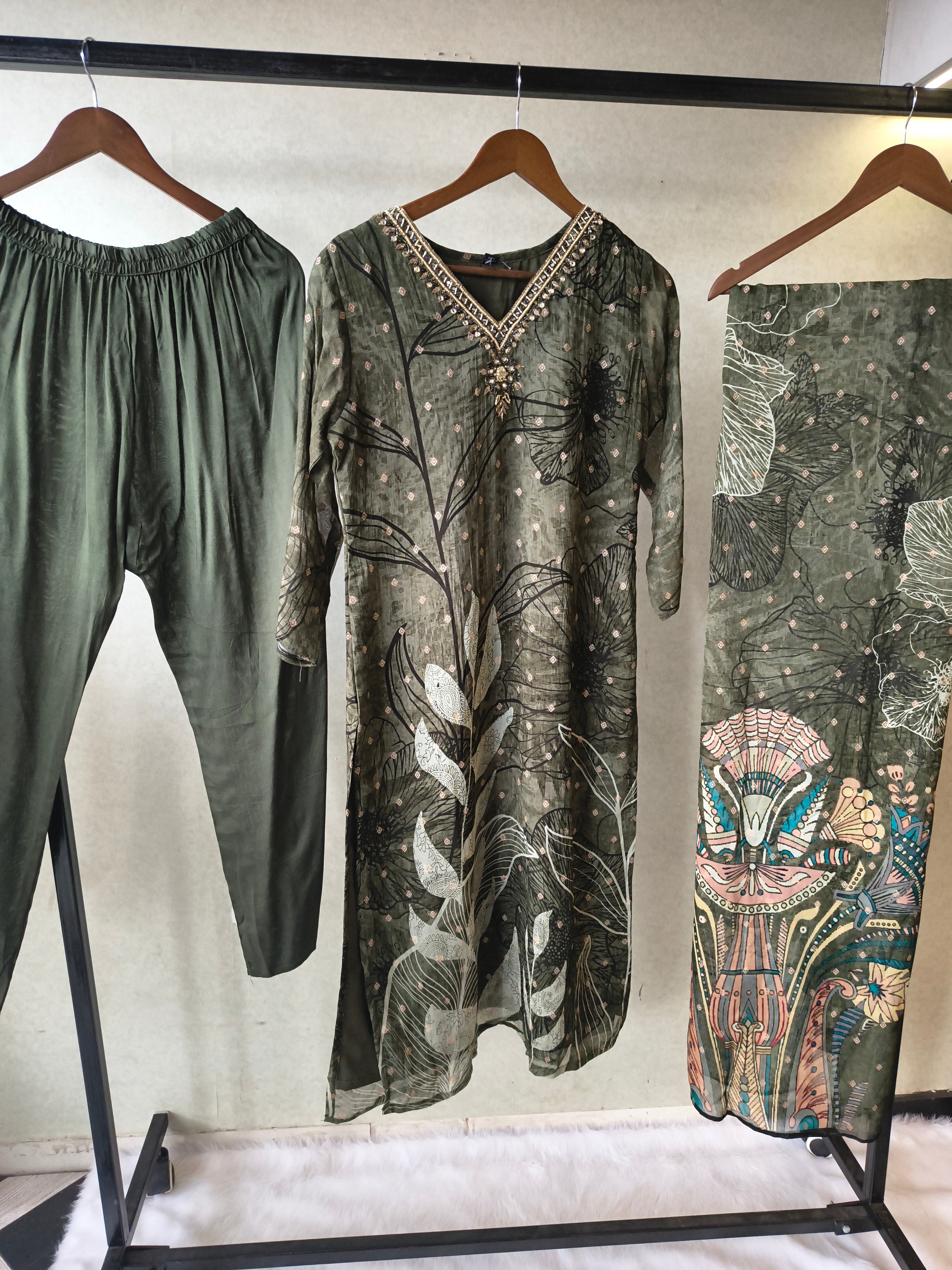 Image of Premium Olive Botanical Print Straight Kurta with Cigarette Pants & Dupatta Set