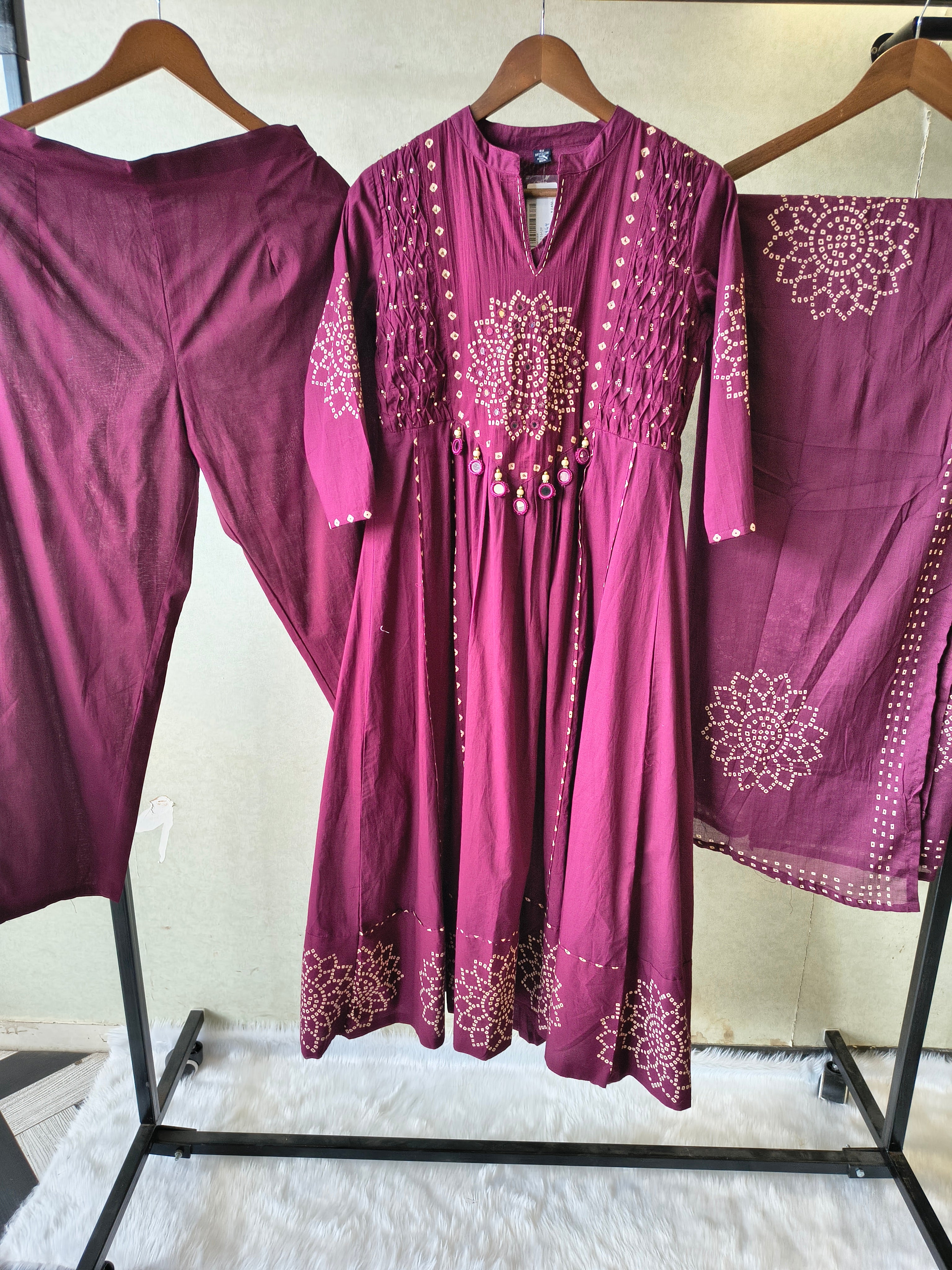 Image of Wine Cotton Anarkali Suit Set with Bandhani Print & Mirror Accent Dupatta