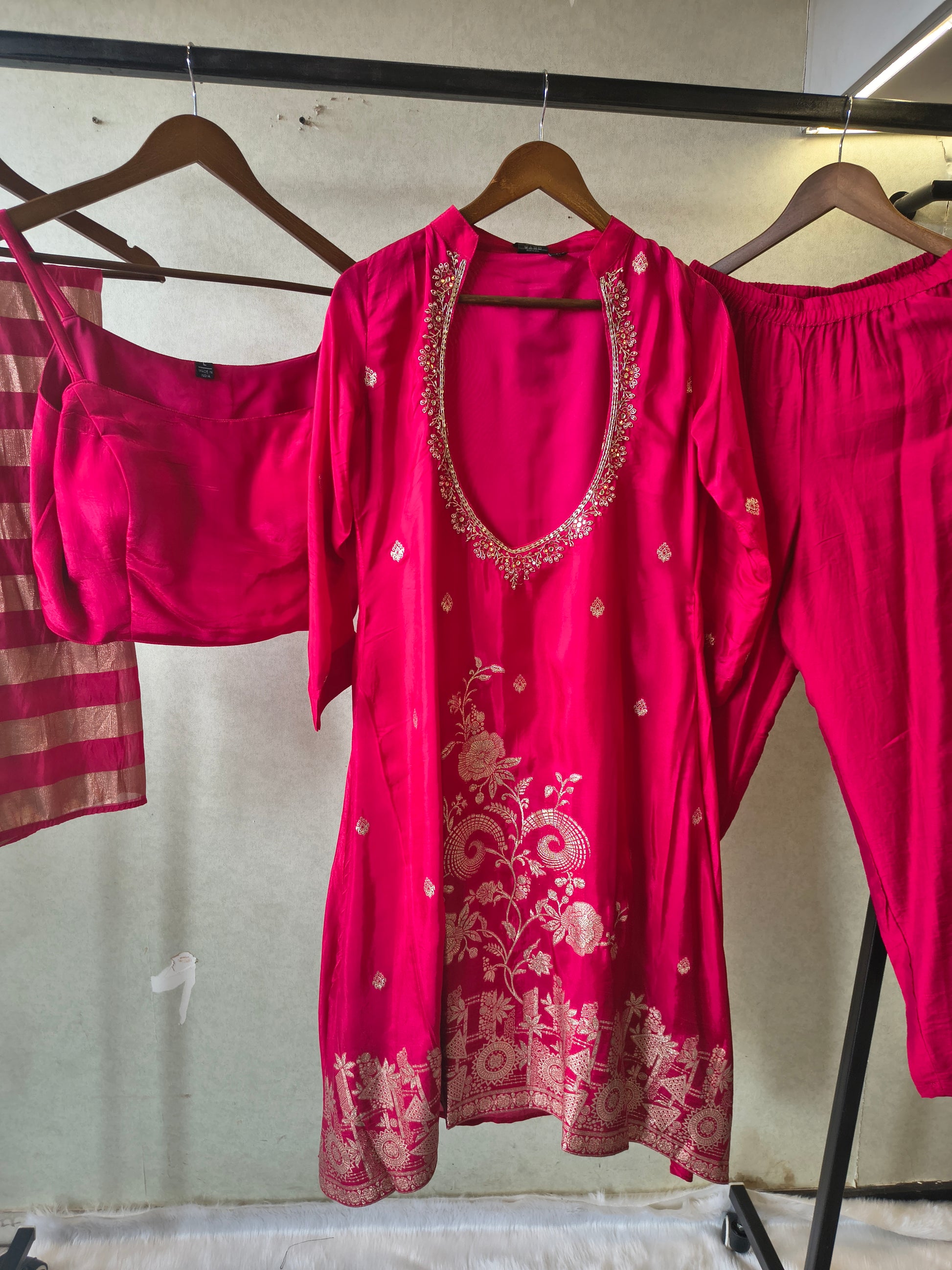 Rani Pink Embroidered Asymmetrical Kurta with Inner, Cigarette Pants & Metallic Striped Dupatta – 4 Piece Designer Festive Set