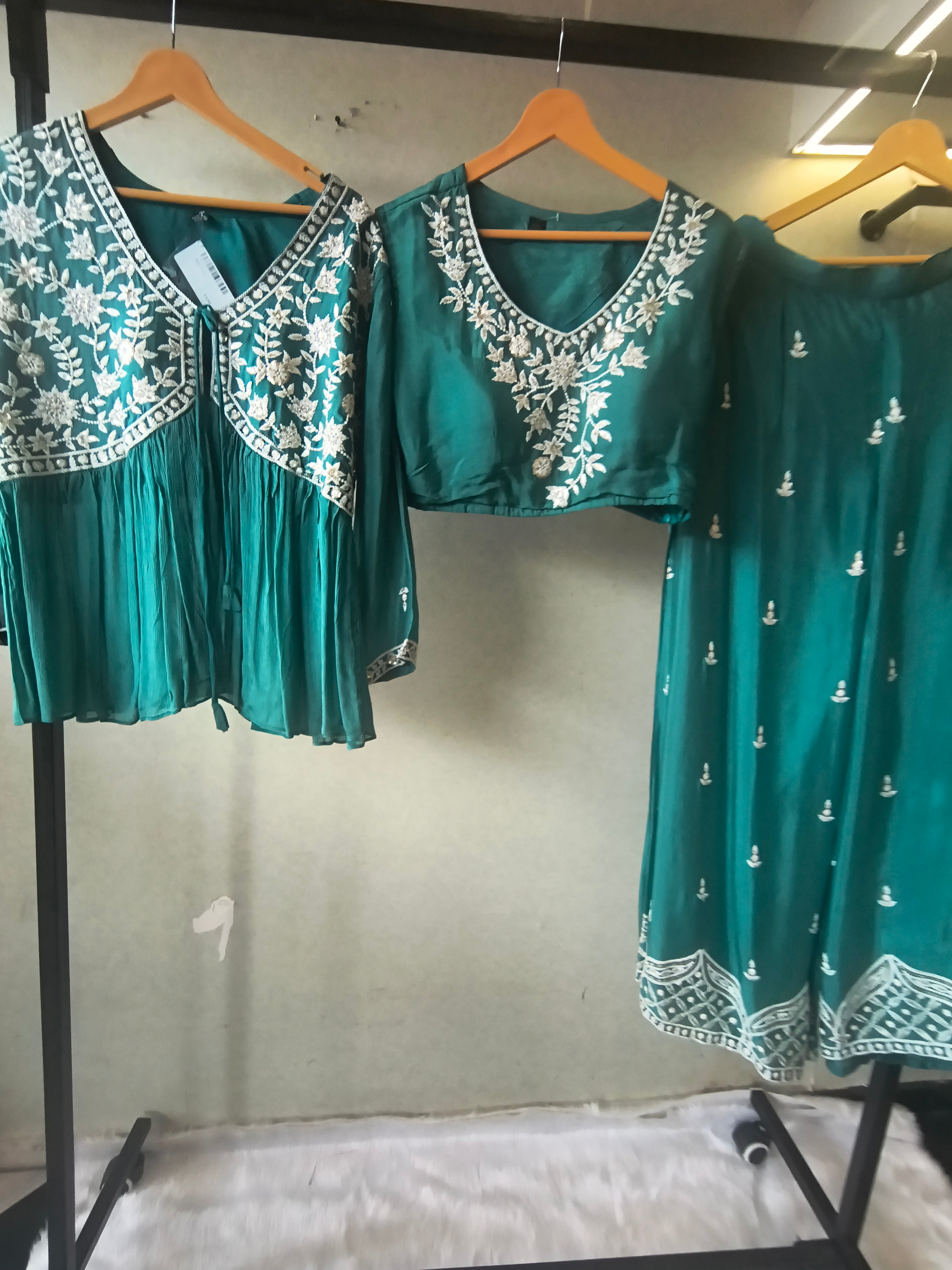 Image of Emerald Green Embroidered Peplum Jacket with Blouse & Flared Palazzo – Designer 3 Piece Indo-Western Set