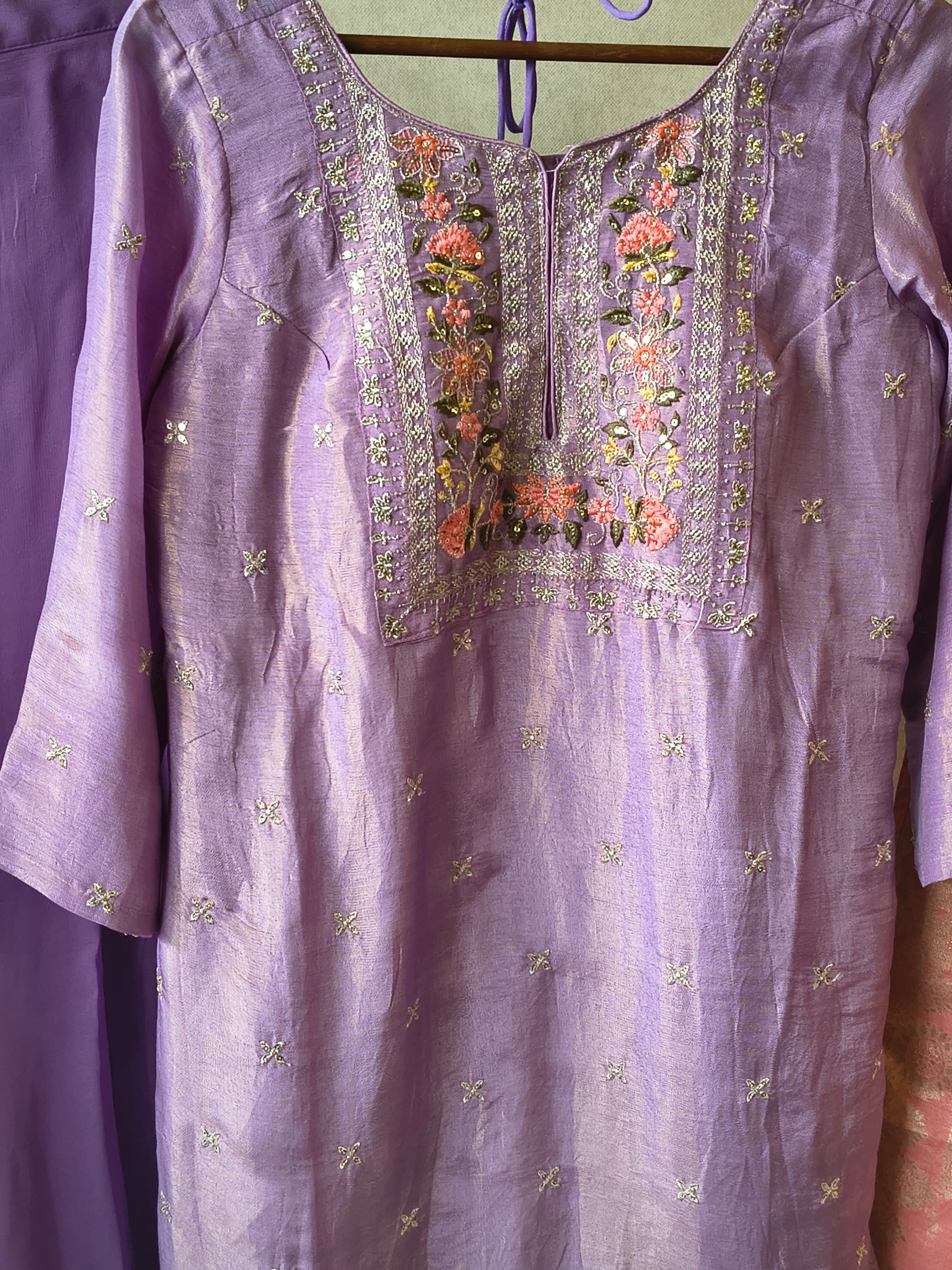 Premium Lavender Embroidered Kurta with Sharara & Banarasi Dupatta Set