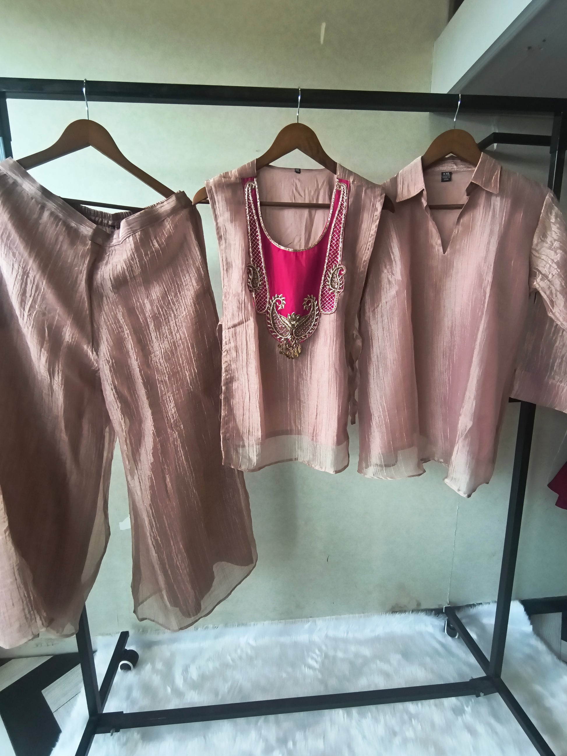 Premium Rose Gold Tissue Silk 3-Piece Co-Ord Set with Hand Embellished Jacket, Inner & Palazzo