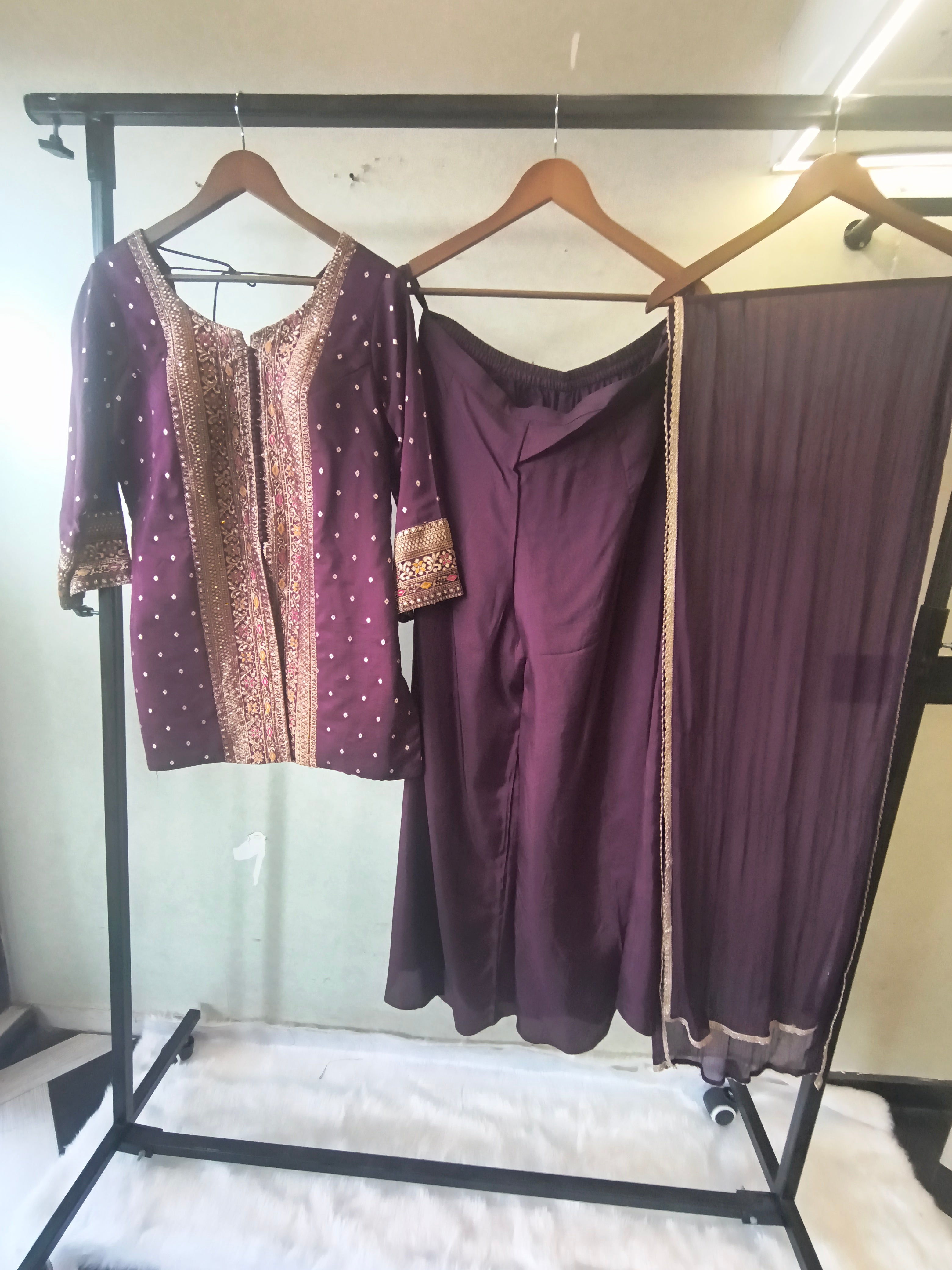 Image of Royal Purple Embroidered Straight Kurta Set with Flared Palazzo & Pleated Dupatta – Designer 3 Piece Festive Ensemble