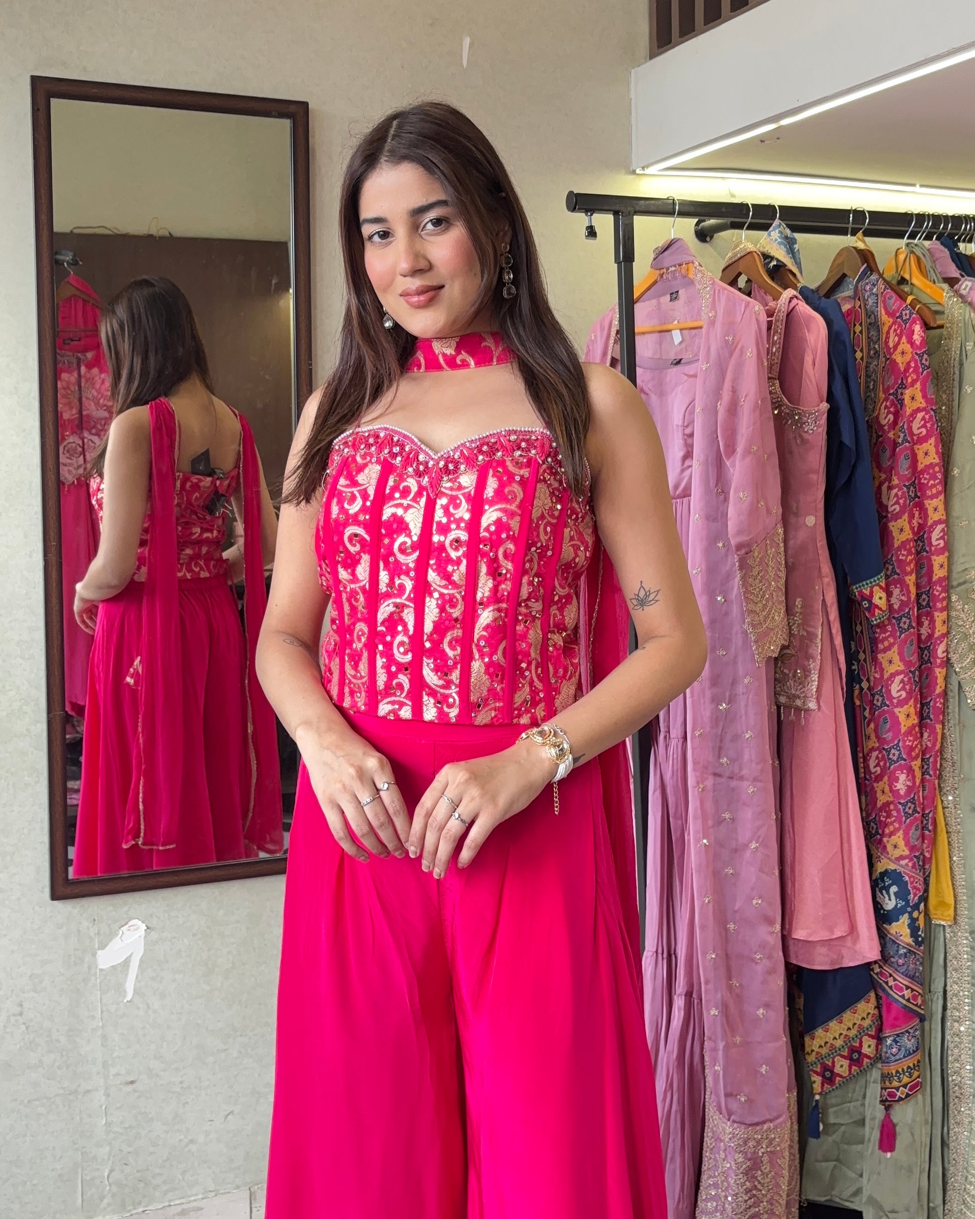 ✨ Pure Jacquard × Crepe Palazzo Indo-Western Set ✨