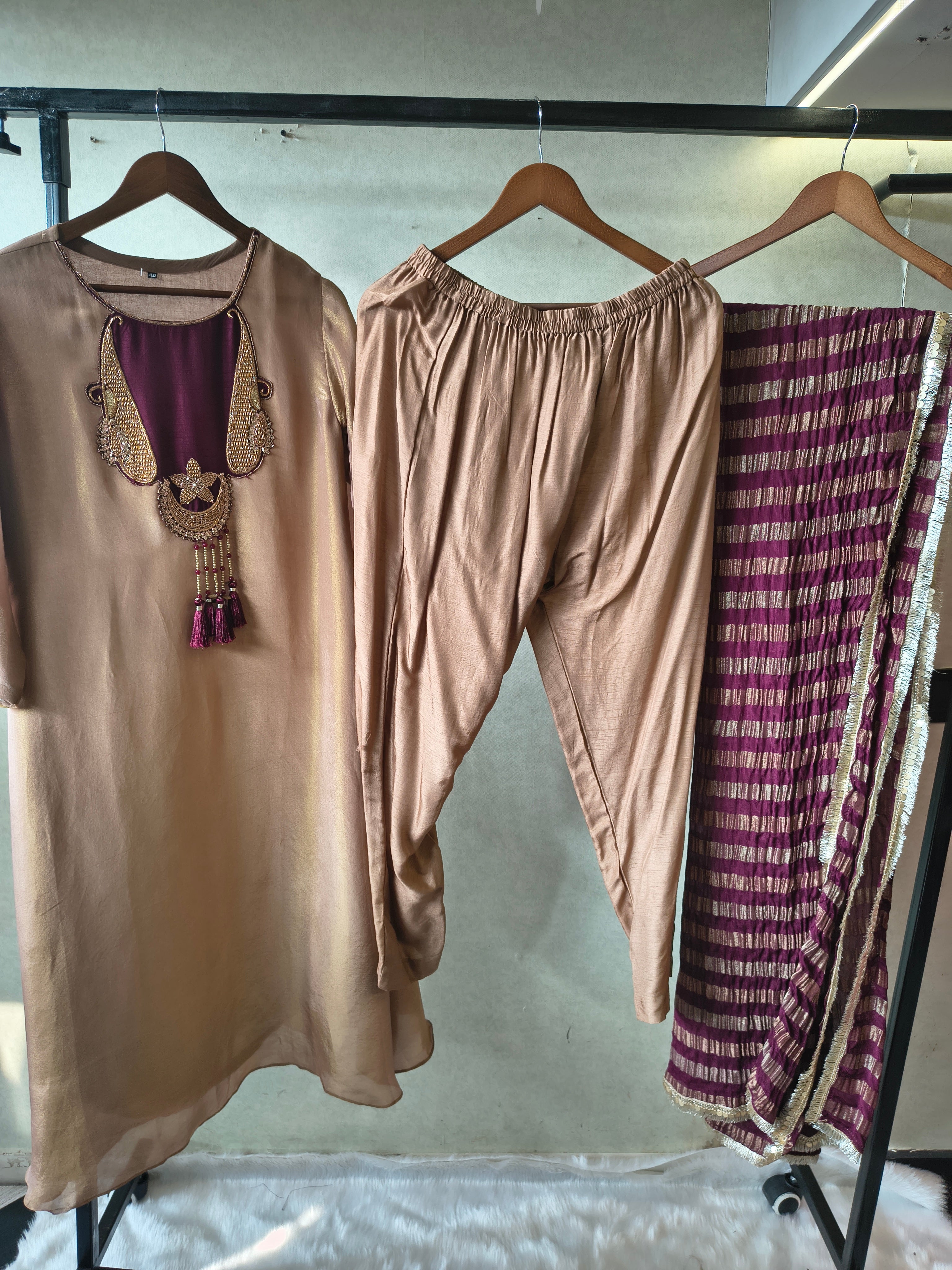 Image of Champagne Gold Silk Blend Kurta Set with Statement Hand-Embellished Neckline & Striped Designer Dupatta – Premium 3 Piece Ethnic Ensemble