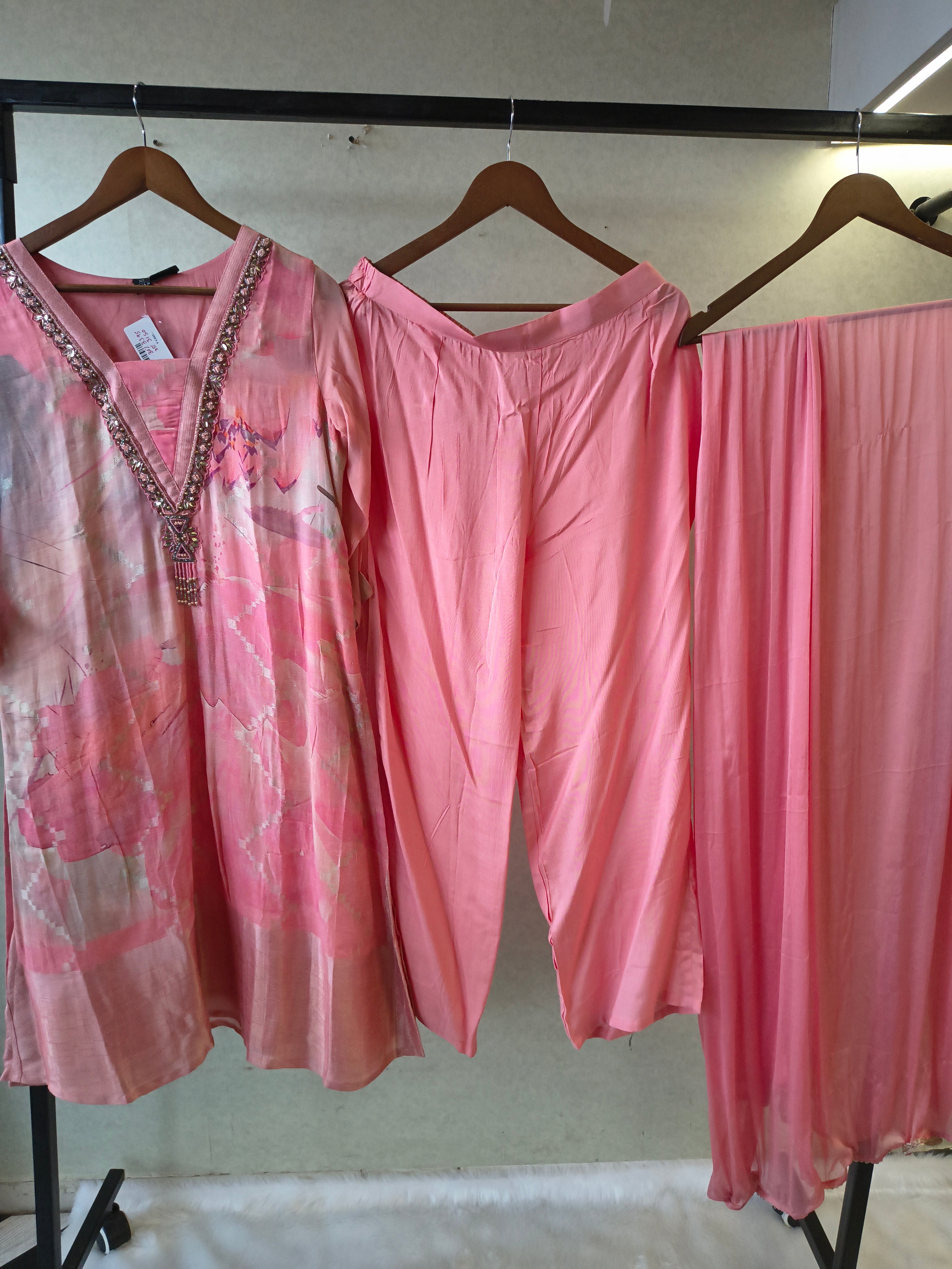 Image of Blush Pink Floral Printed Kurta Set with Embellished Neckline | Premium 3 Piece Ethnic Suit