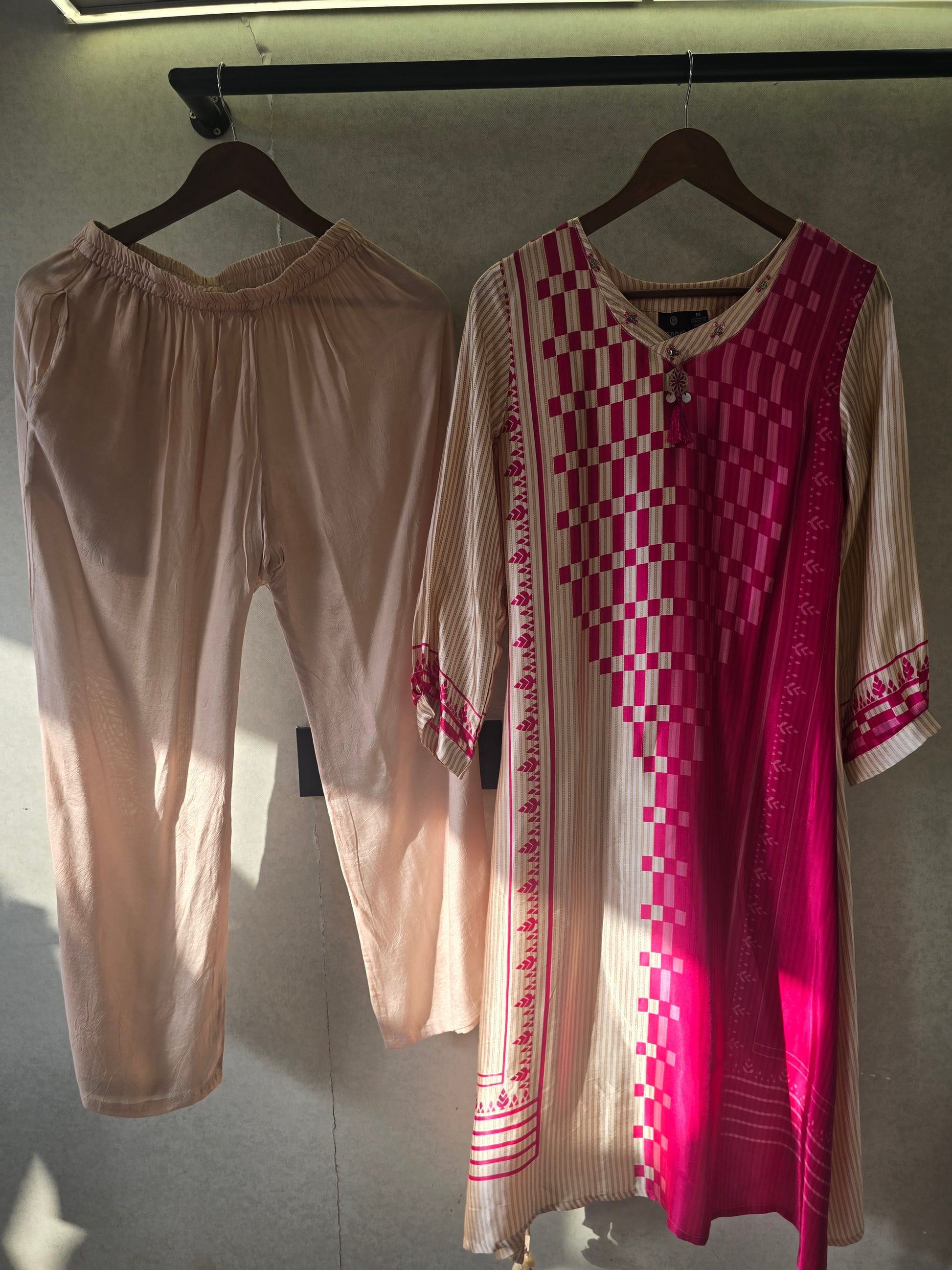 Fuchsia Panel Print Kurta Pant Set