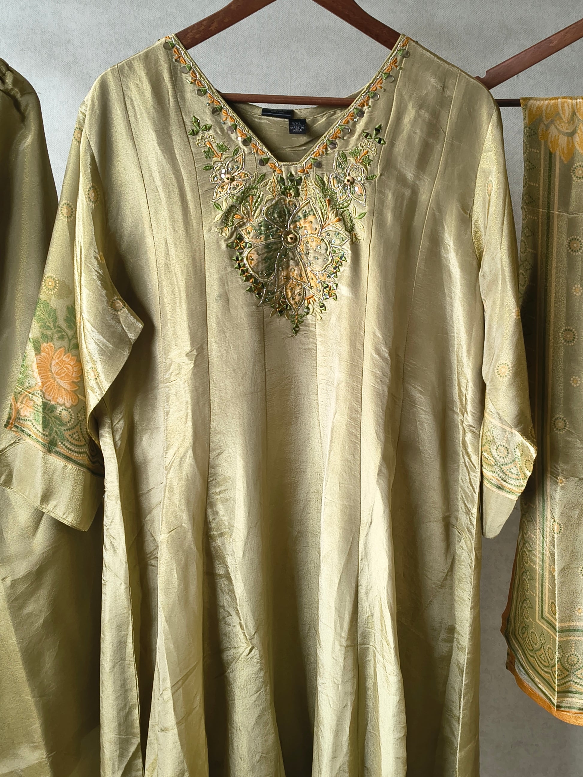 Premium Pistachio Green Embroidered Silk Kurta Set with Printed Dupatta