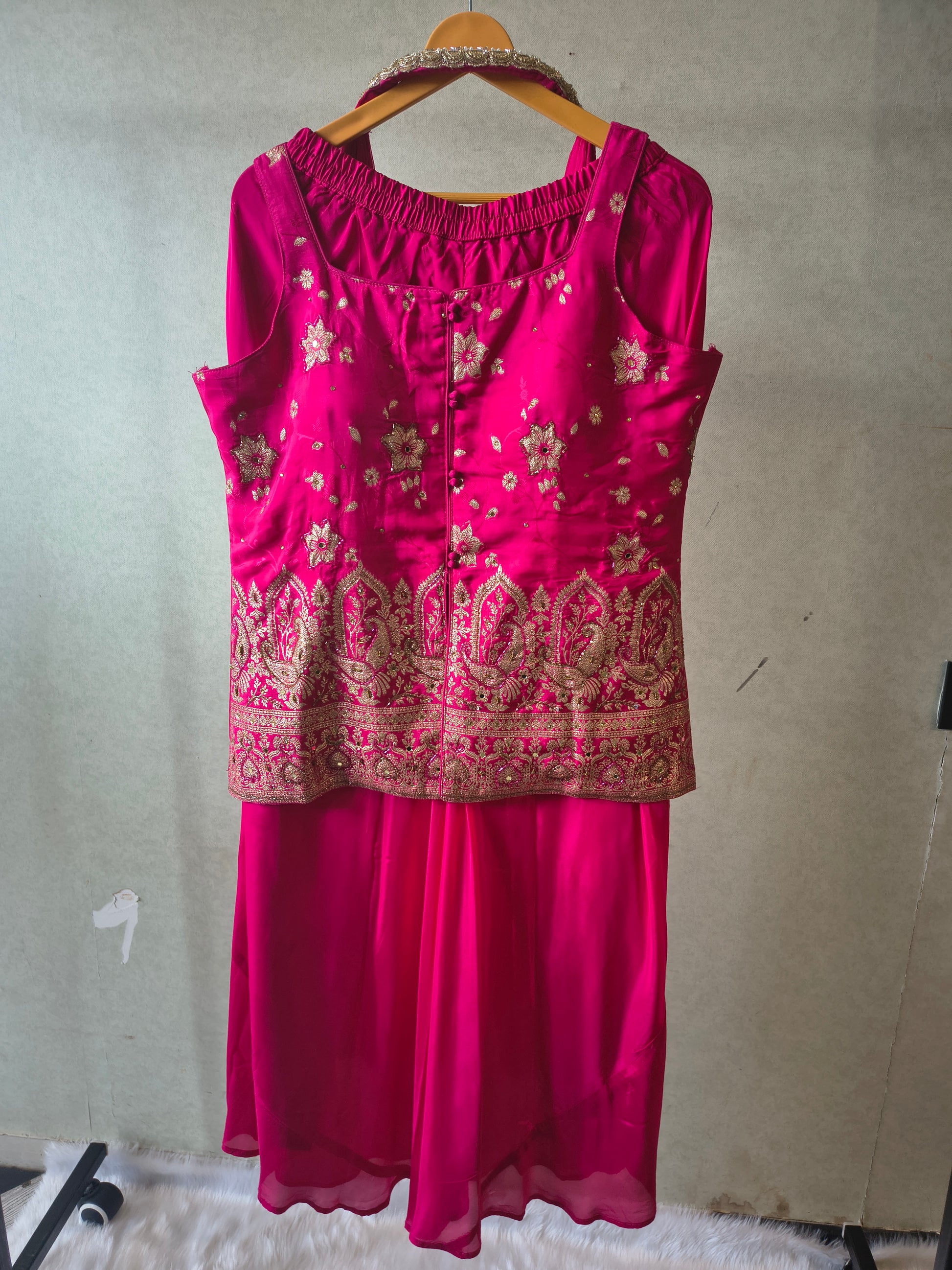 Premium Rani Pink Satin Silk 3-Piece Lehenga Set with Heavy Zari Embroidered Blouse & Dupatta