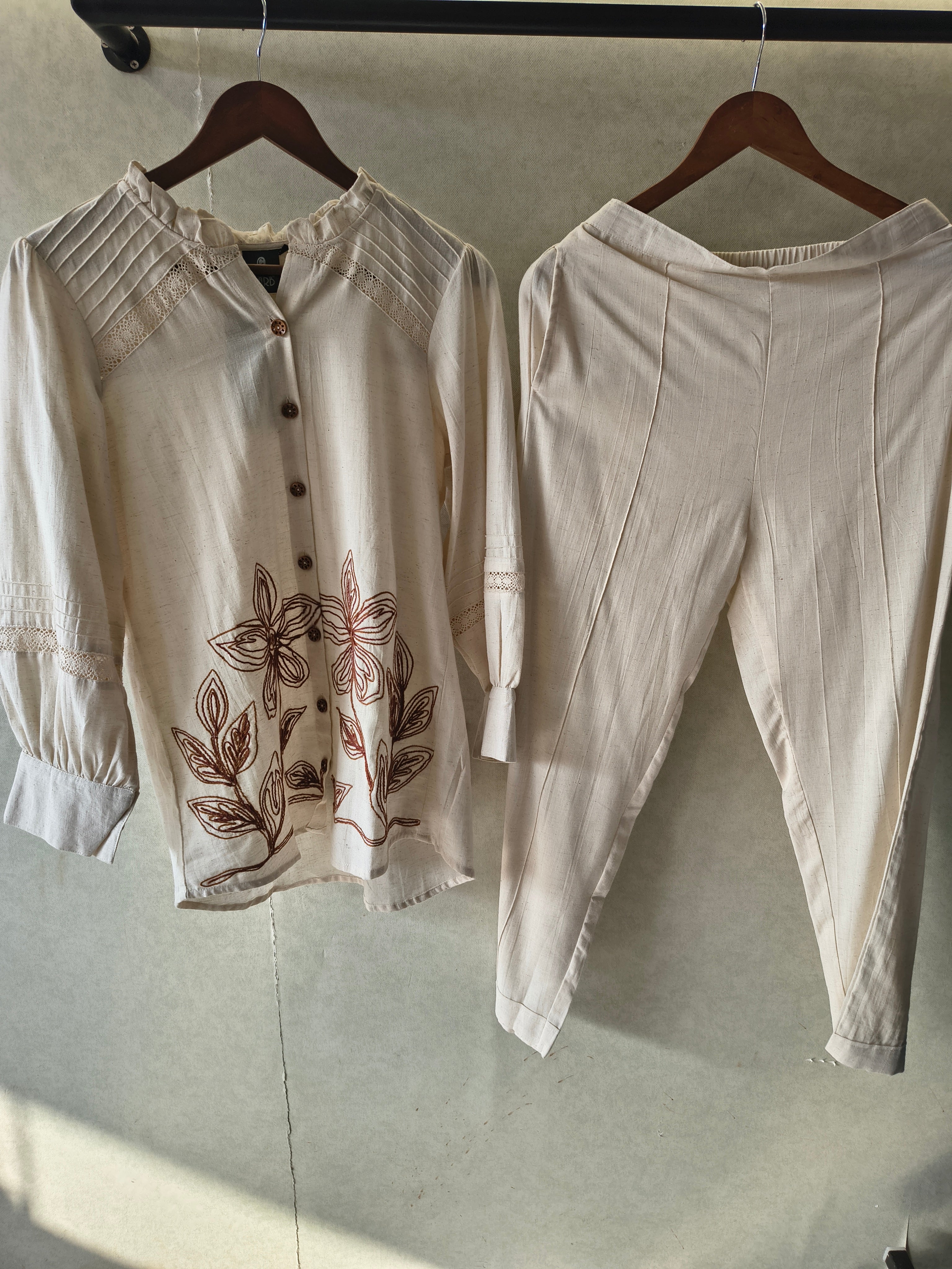 Image of Ivory Botanical Embroidered Pintuck Designer Co-Ord Set