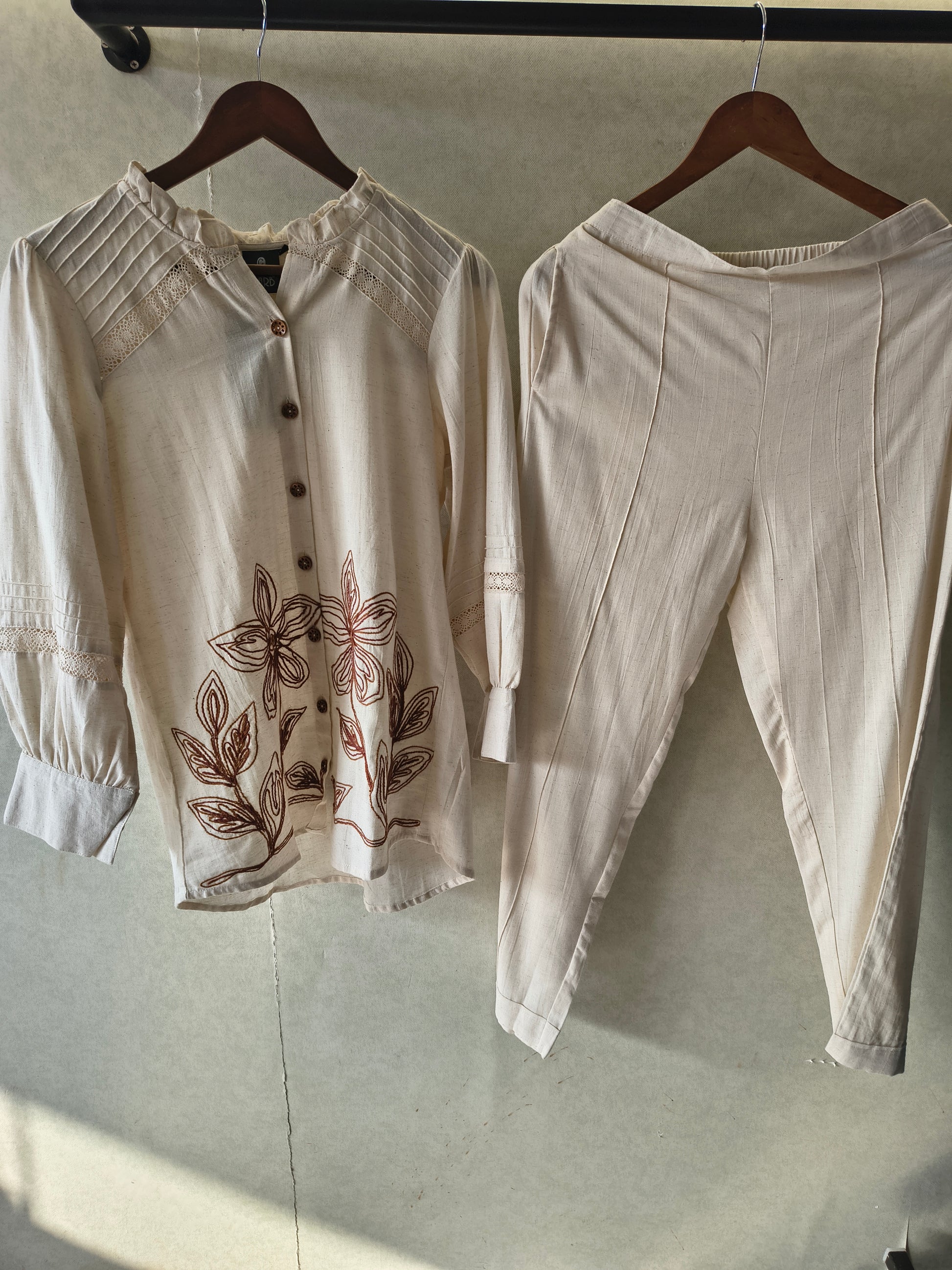 Ivory Botanical Embroidered Pintuck Designer Co-Ord Set