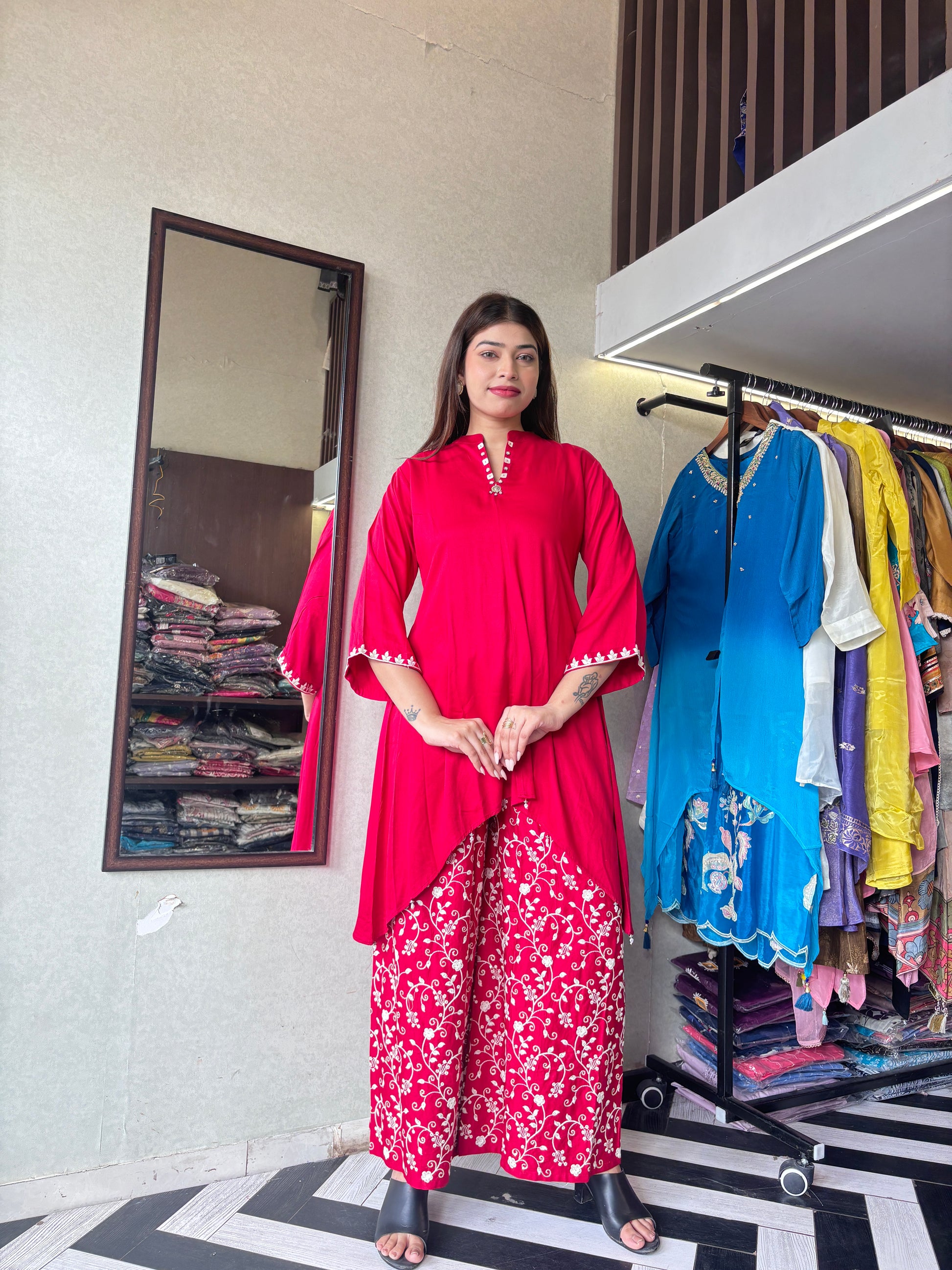 Pure Gaji Silk with Crepe Fabric Coord Set ( Thread Work )