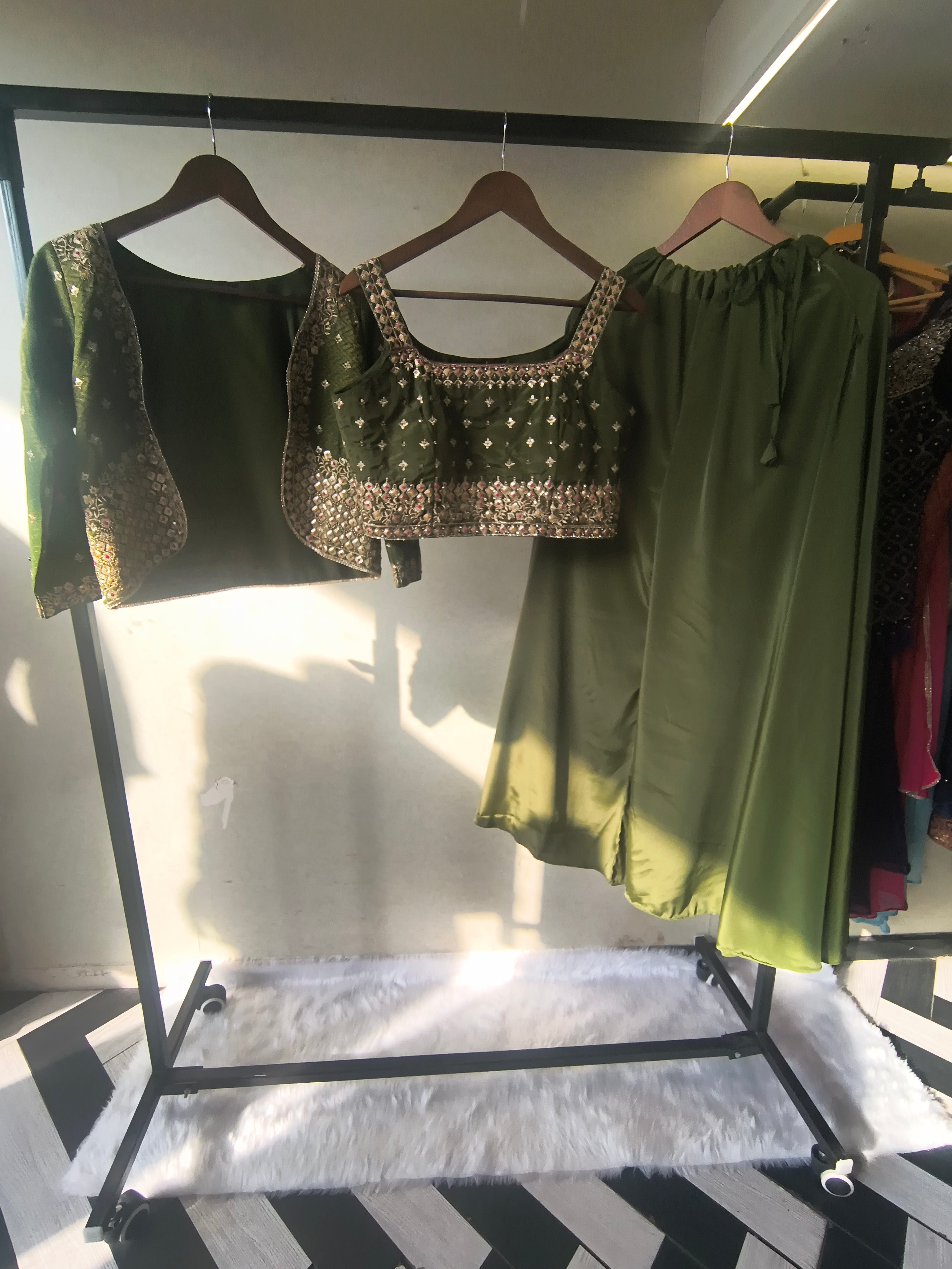 Image of Luxury Olive Green Embellished Blouse with Embroidered Jacket & Flared Palazzo – 3 Piece Designer Indo-Western Set
