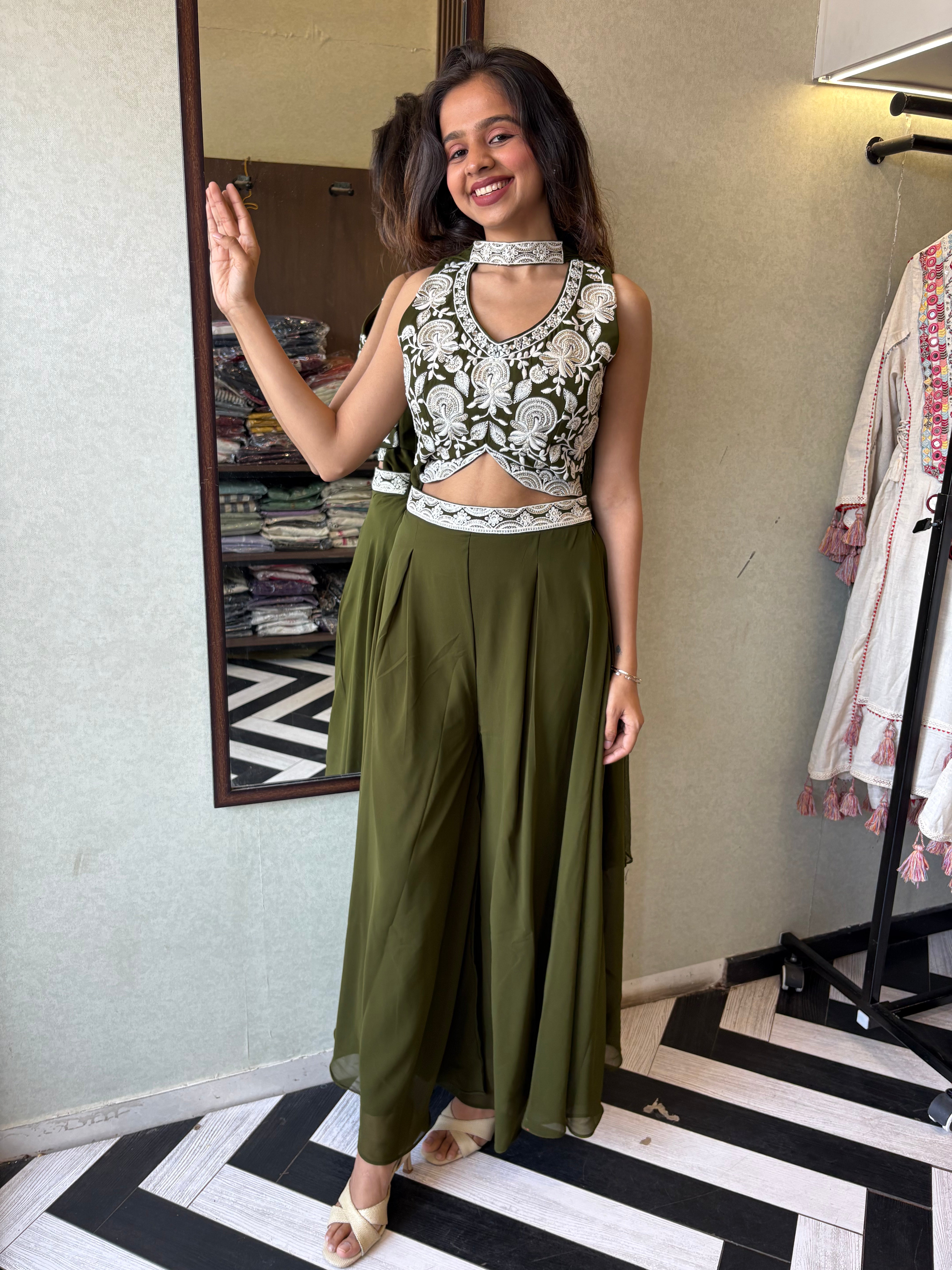 Image of Our 2-piece Indo-Western stunner - crafted in pure georgette with a fully embroidered blouse and a beautifully flowing drape-style bottom that blends Indian grace with modern charm!