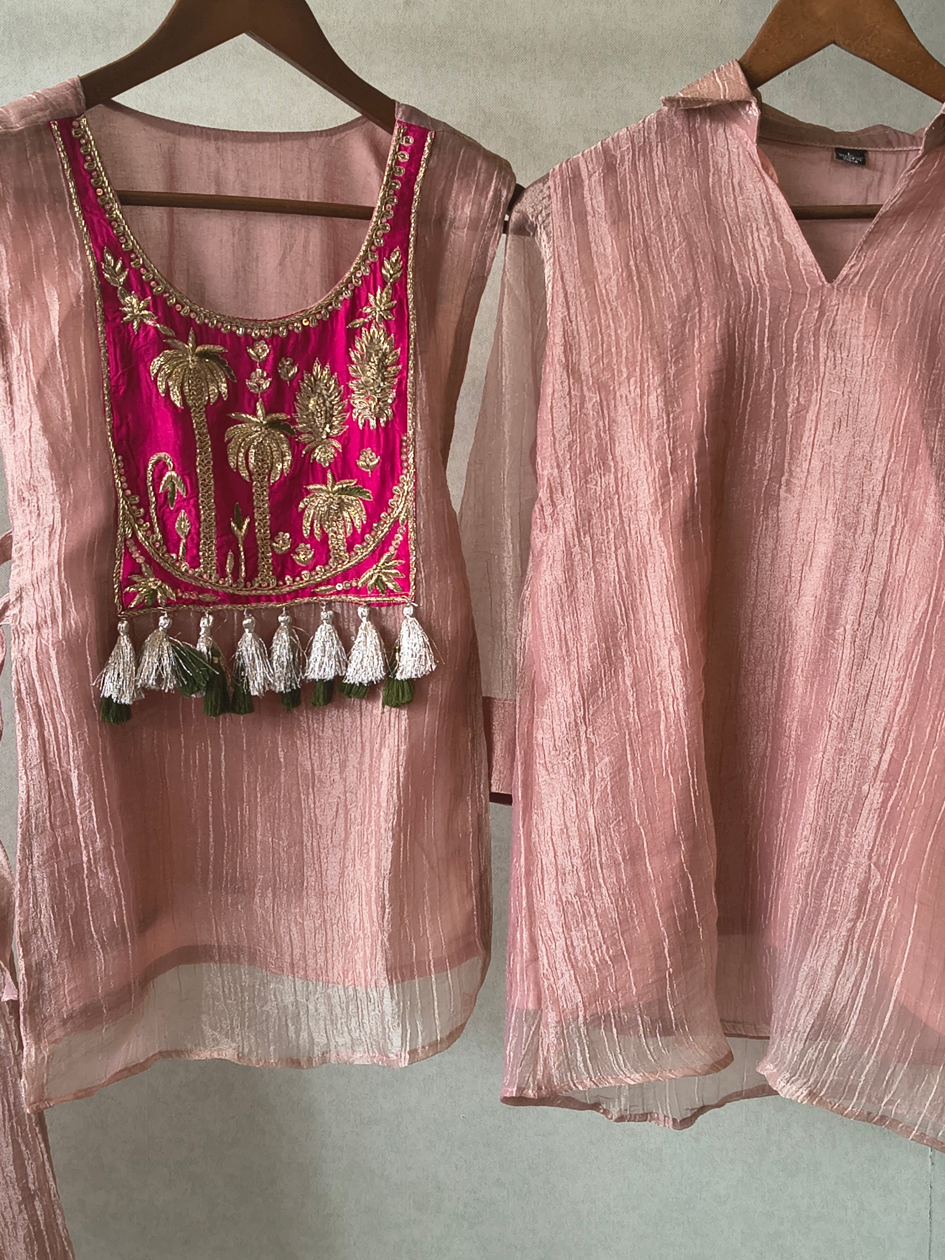 Image of Premium Rose Gold Tissue Silk 3-Piece Co-Ord Set with Hand Embellished Jacket, Inner & Palazzo