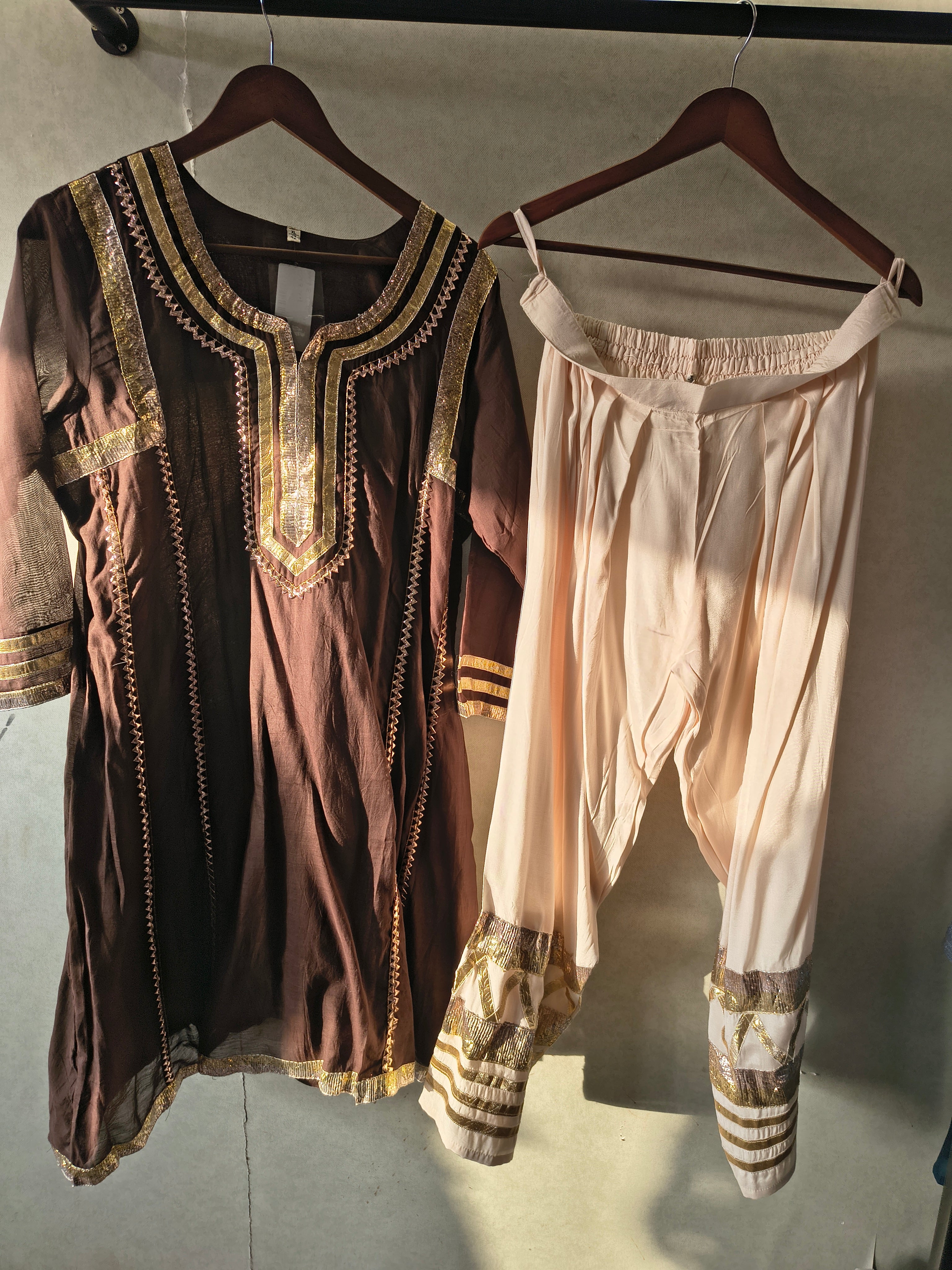 Image of Chocolate Brown Gota Patti Designer Kurta Set with Embellished Dhoti Pants