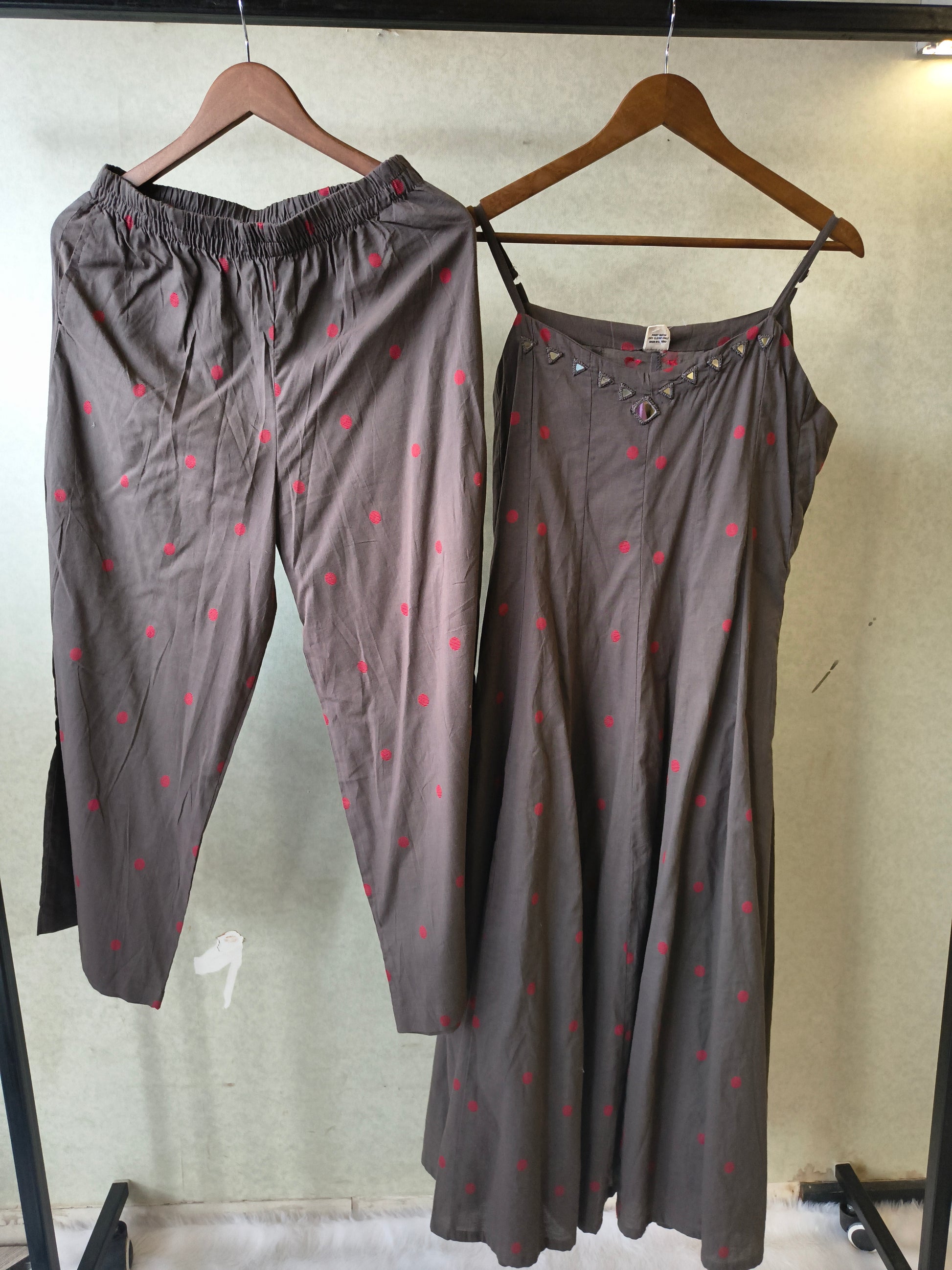 Premium Charcoal Grey Polka Dot Cotton Sleeveless A-Line Kurta & Pant Co-Ord Set