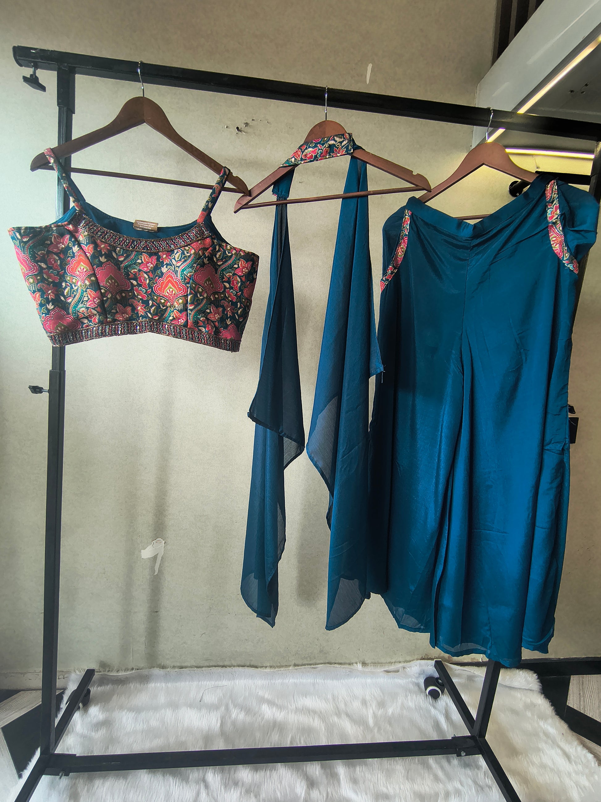 Teal Printed Designer Blouse with Drape Palazzo & Cape – 3 Piece Indo-Western Fusion Party Wear Set