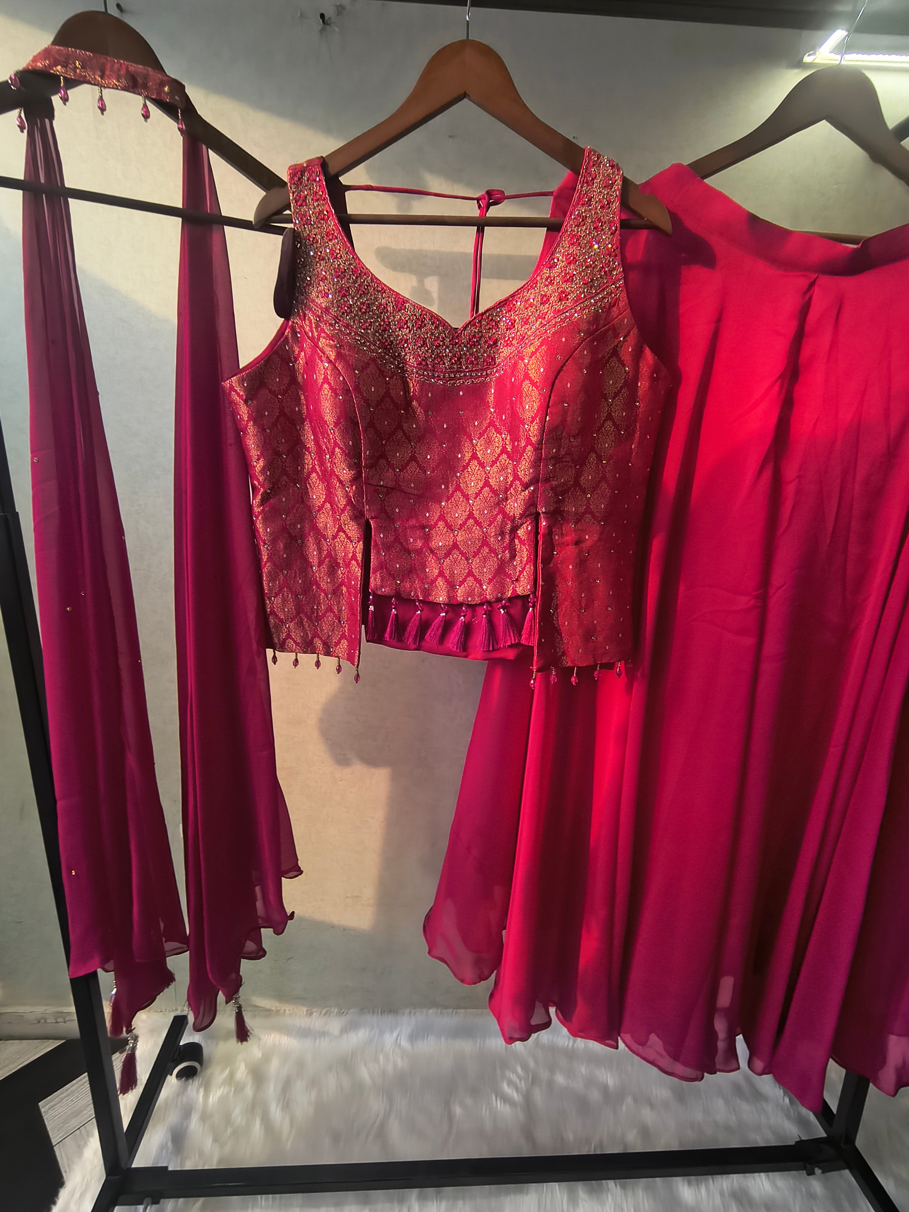 Image of Luxury Rani Pink Brocade Blouse with Flared Palazzo & Embellished Choker Dupatta – 3 Piece Designer Indo-Western Set