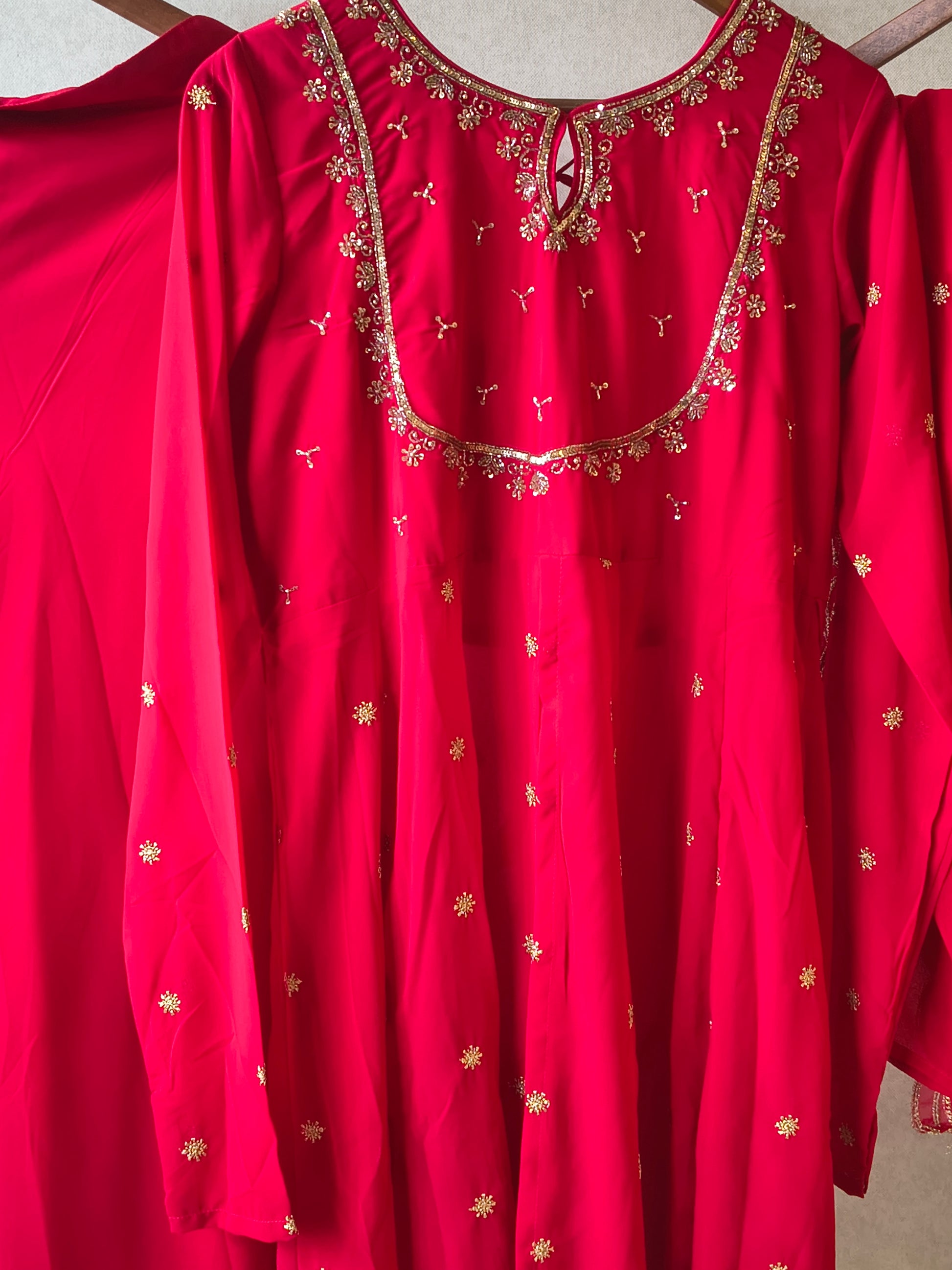 Premium Ruby Red Embroidered Kurta with Sharara & Embellished Dupatta Set