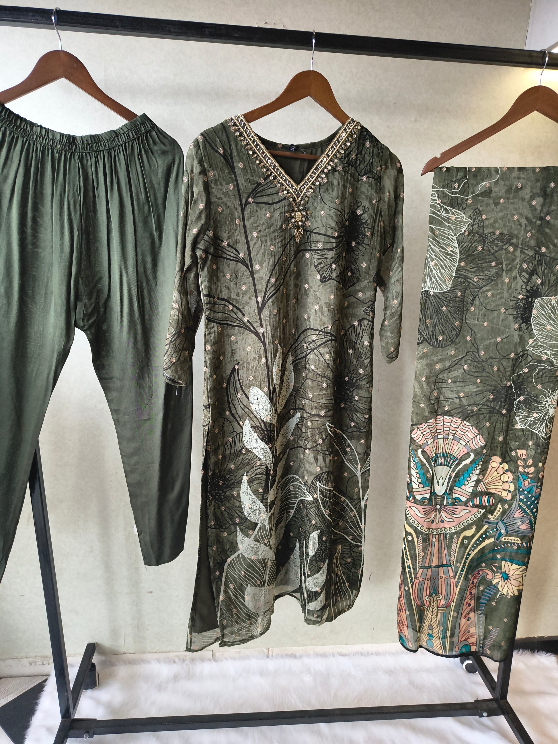Premium Olive Botanical Print Straight Kurta with Cigarette Pants & Dupatta Set