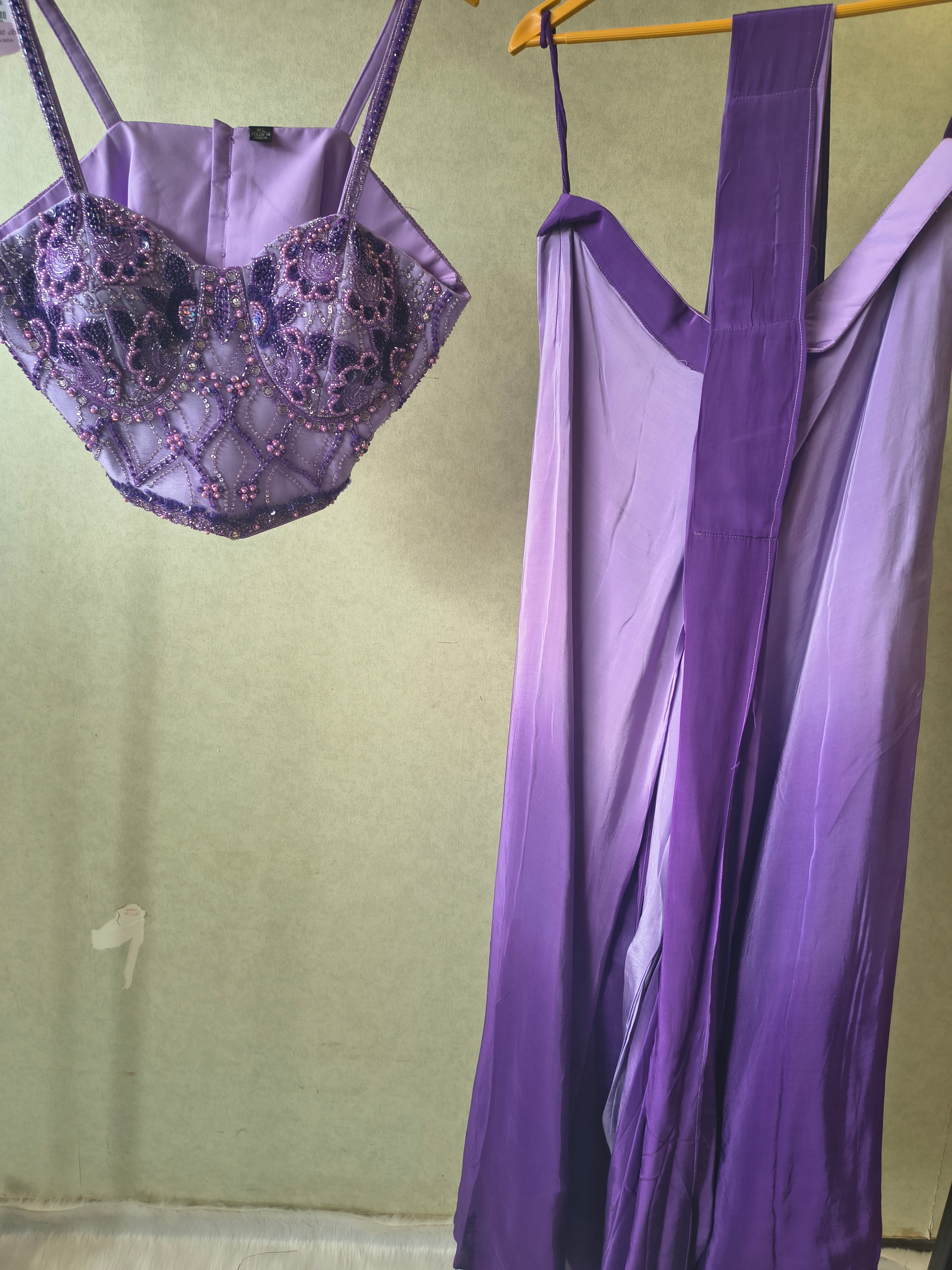 Image of Lavender Embellished Corset Blouse with Drape Palazzo – Designer Indo-Western Party Wear Co-Ord Set