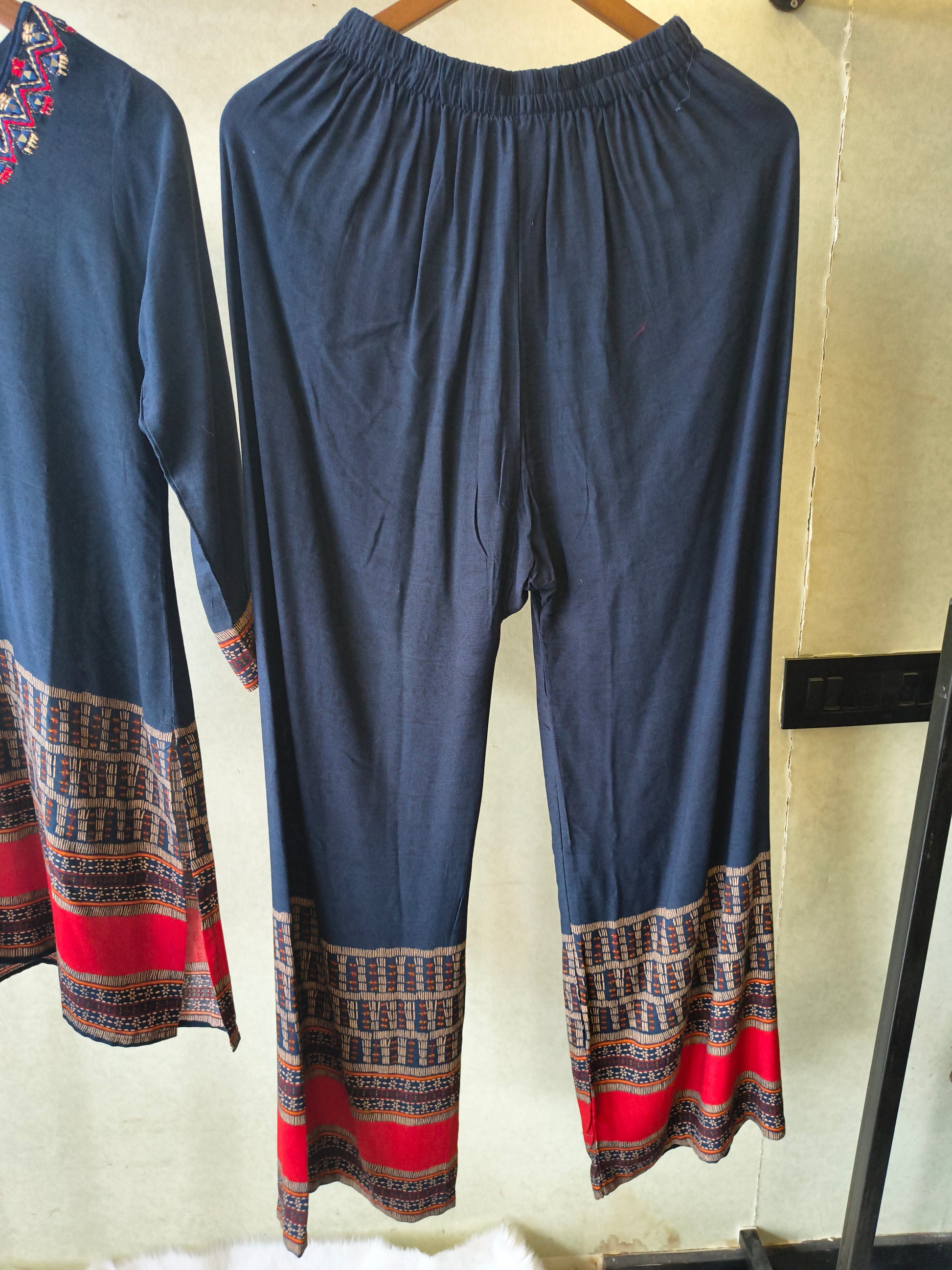 Navy Blue Ethnic Border Designer Co-Ord Set with Embroidered Neckline