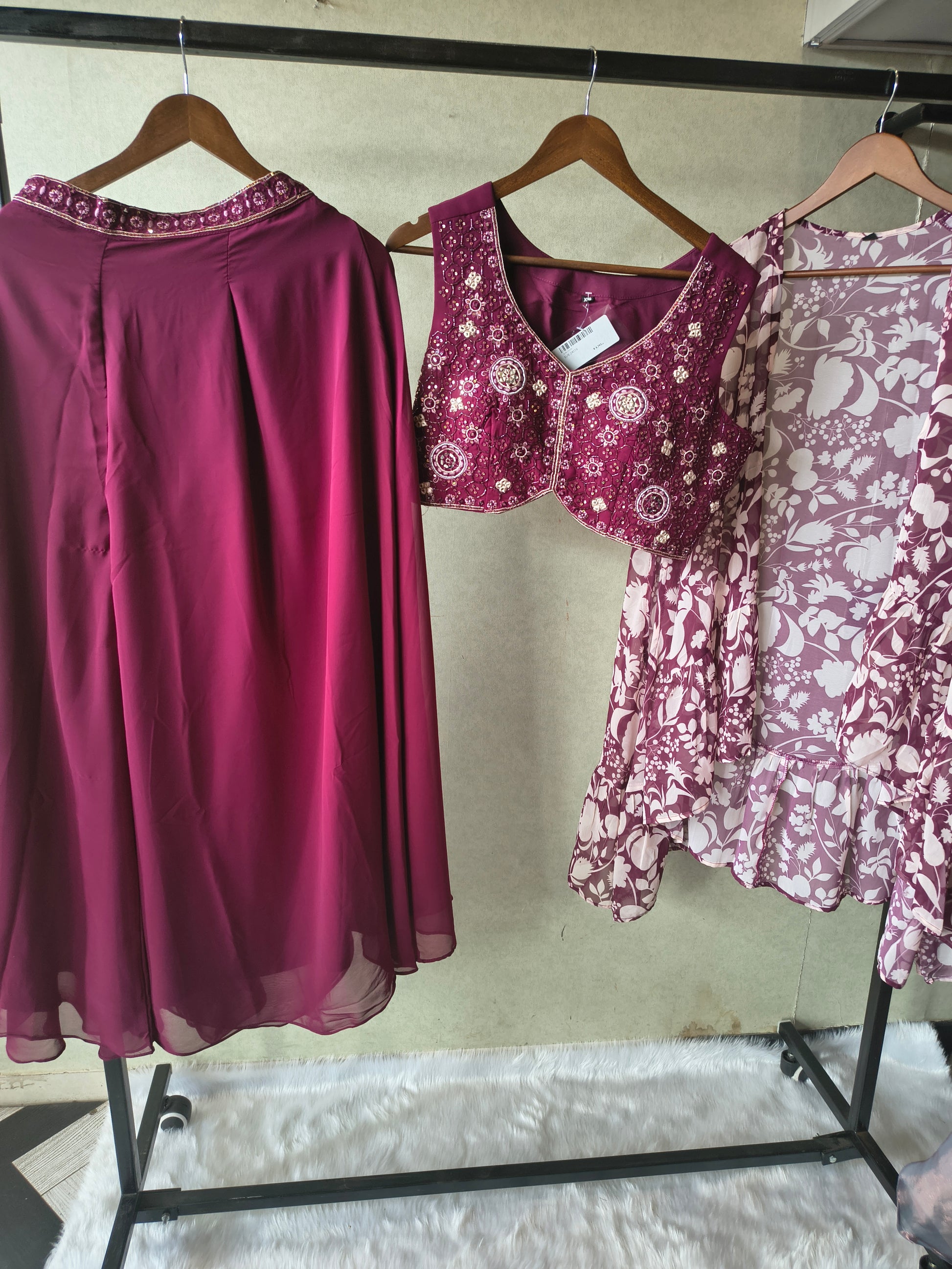 Luxury Wine Embroidered Blouse with Printed Peplum Jacket & Flared Palazzo – 3 Piece Designer Indo-Western Set