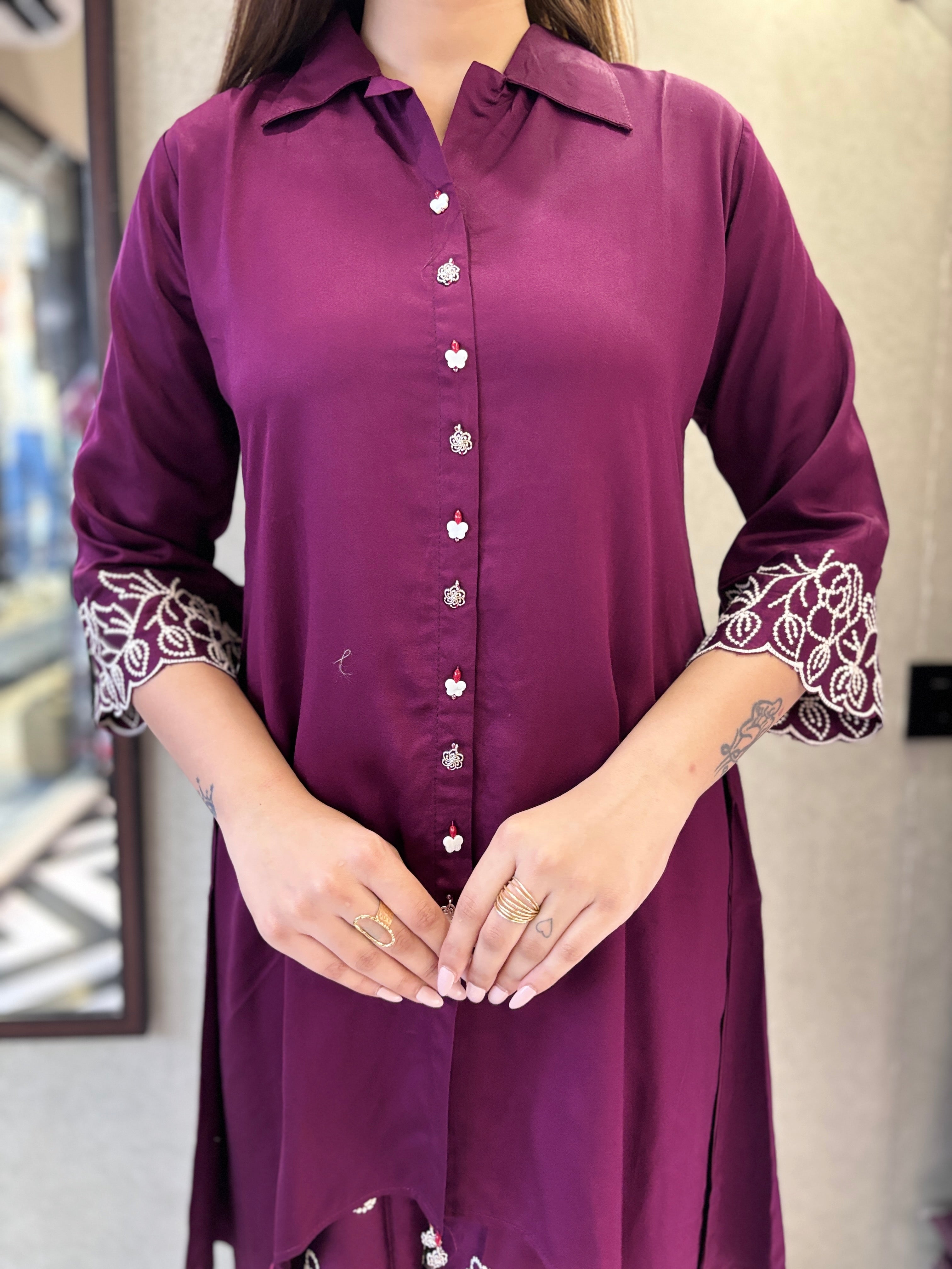 Image of Pure Gaji Silk with Crepe Fabric Coord Set ( Thread Work )